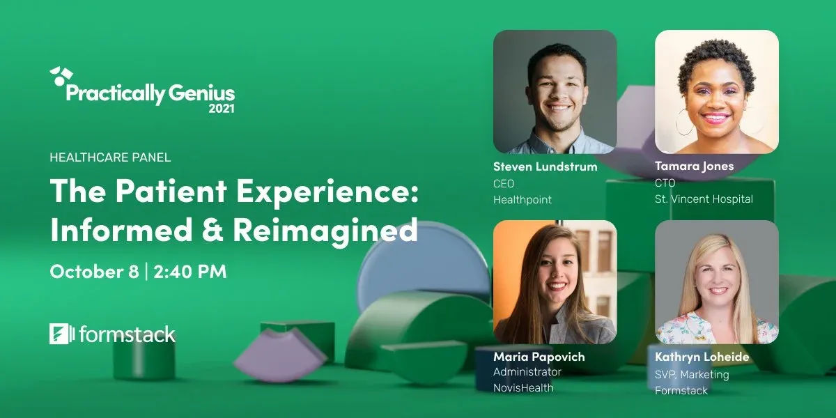Healthcare panel session graphic: “The Patient Experience: Informed & Reimagined” with four speakers