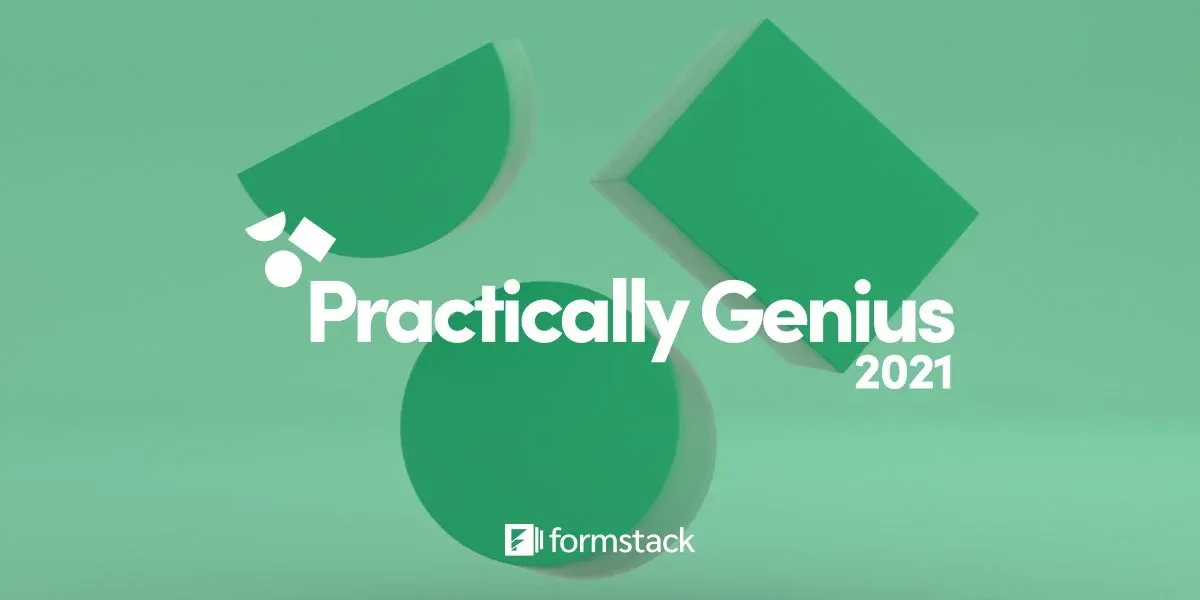 Event banner: the Practically Genius logo over large green shapes