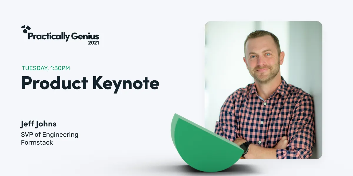 Product Keynote banner with a speaker photo and a green 3D half-circle