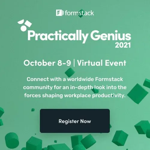 Square registration graphic with falling green shapes