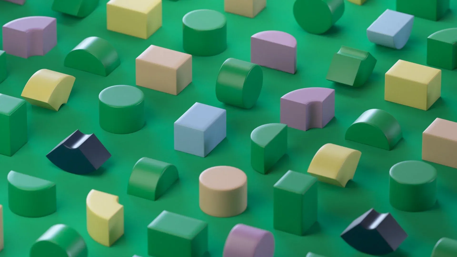 3D render: rows of pastel and green shapes on a green floor