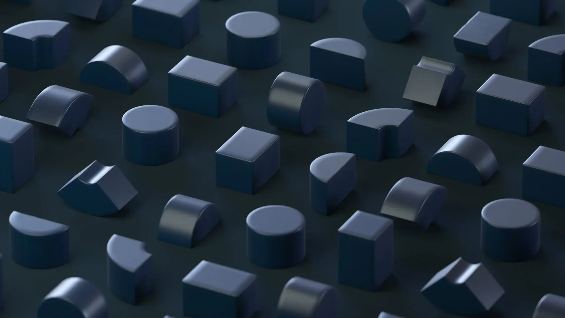 3D render: rows of dark slate shapes on a dark floor