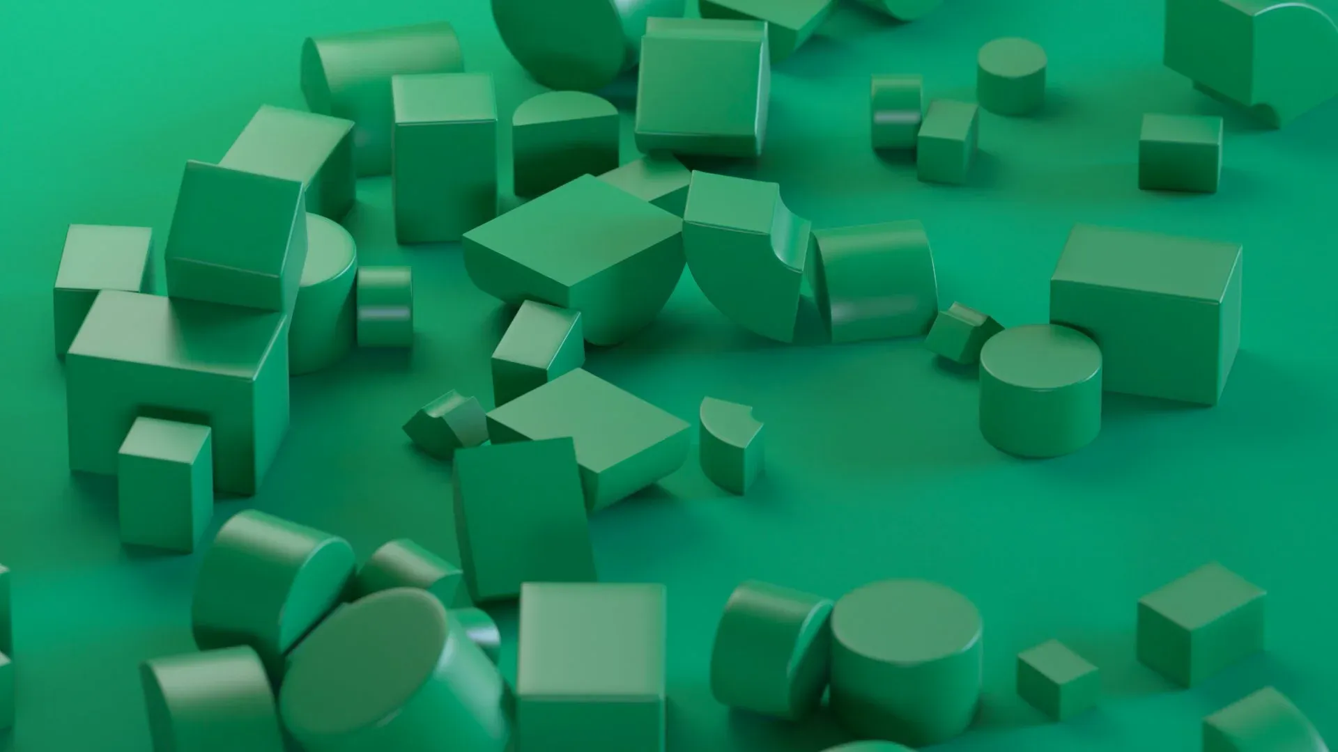 3D render: a scatter of green shapes