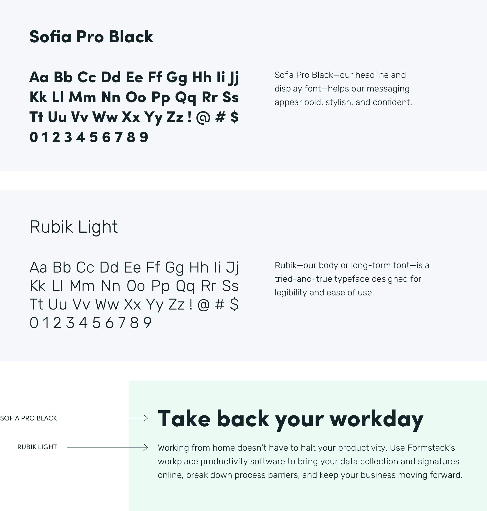 Formstack typography: Sofia Pro Black for headlines and Rubik Light for body copy