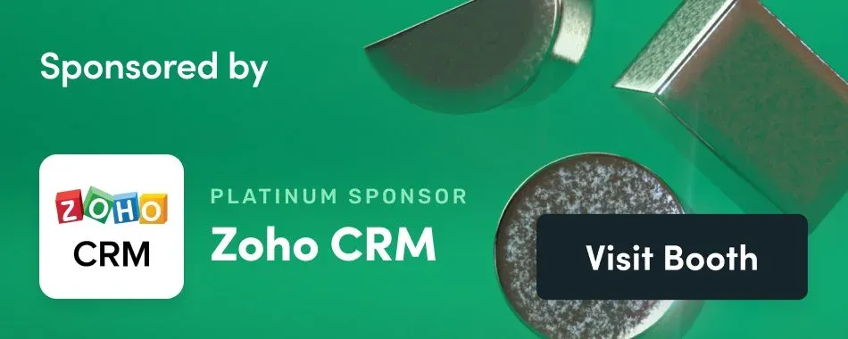 Platinum sponsor banner for Zoho CRM with a Visit Booth button