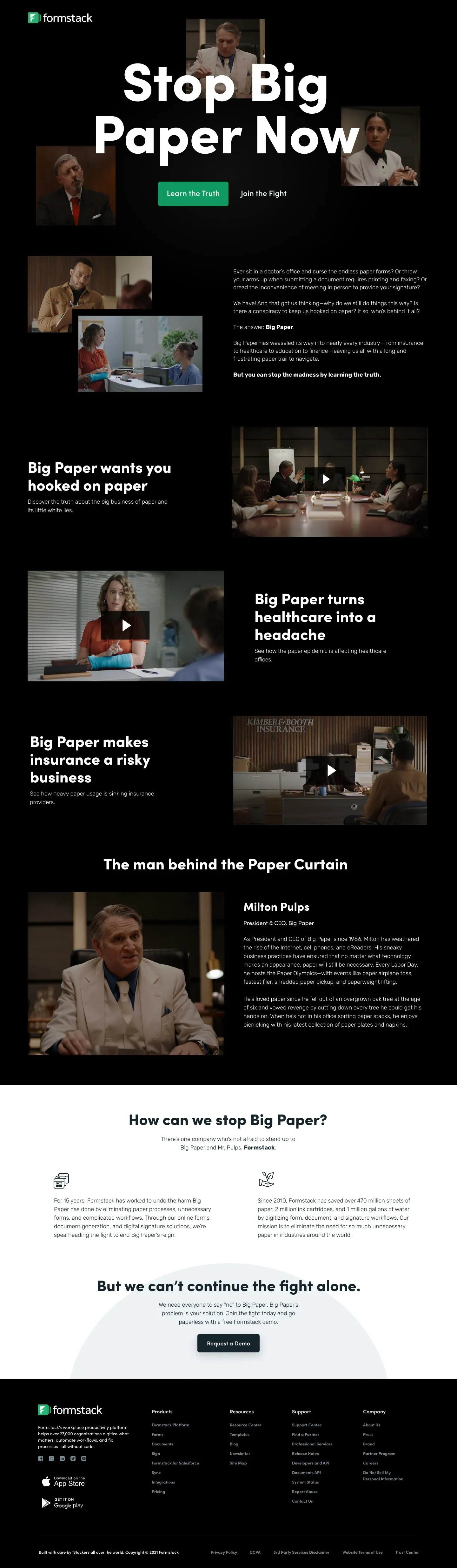 Full “Stop Big Paper Now” campaign landing page with episode videos and a call to fight the paper conspiracy