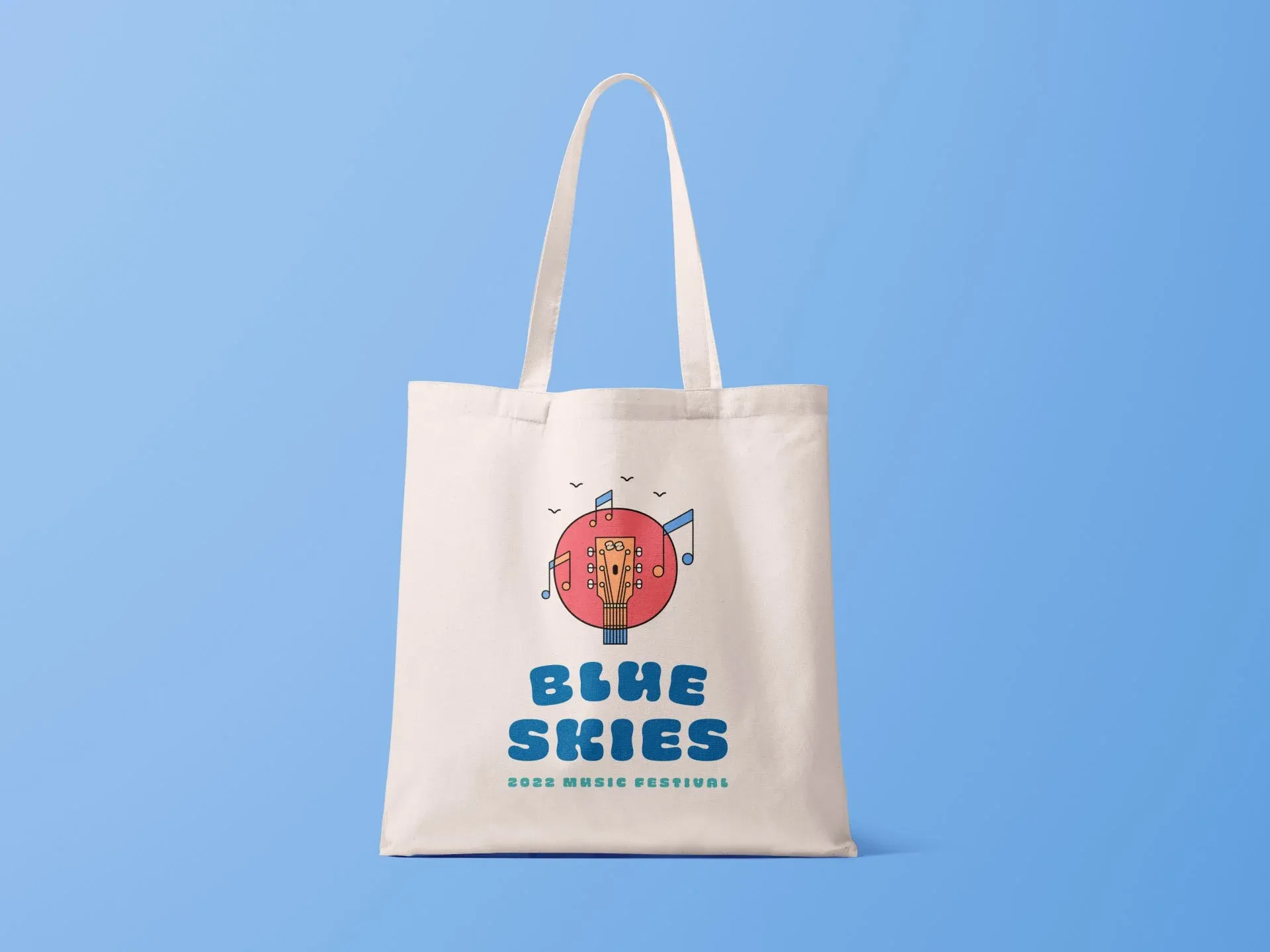 Blue Skies 2022 canvas tote bag with the guitar-and-sun logo