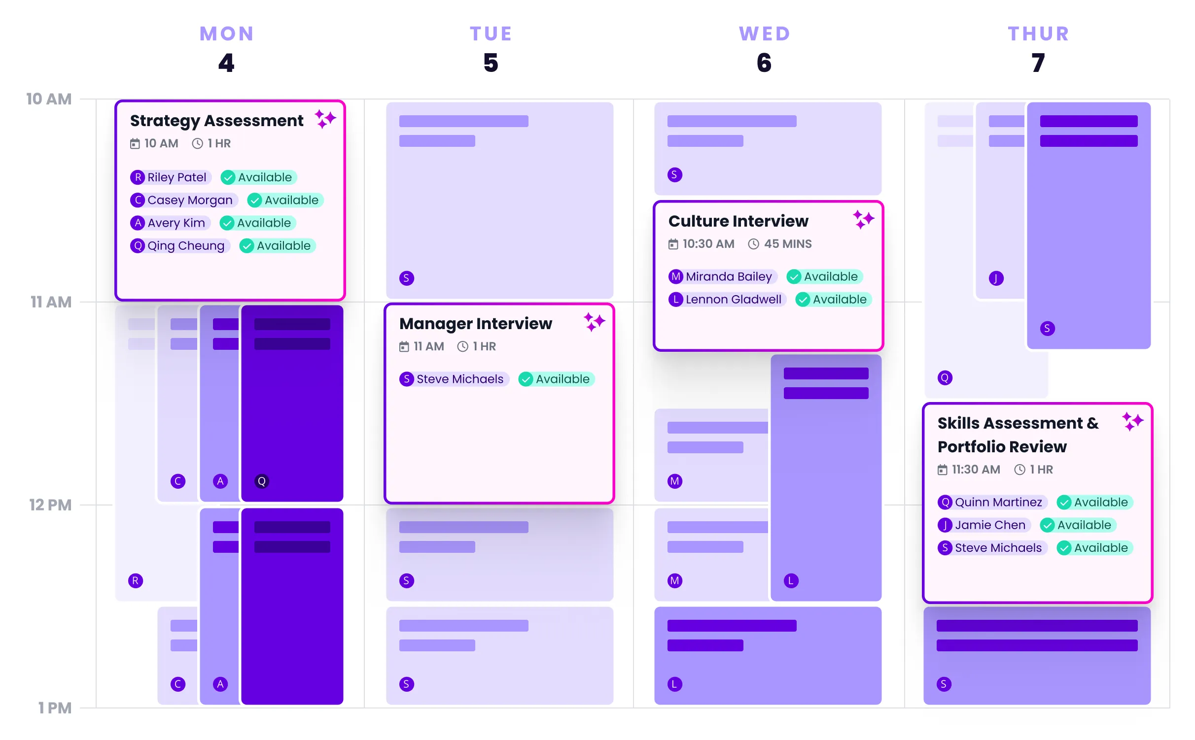 Weekly interview calendar UI with highlighted interview blocks