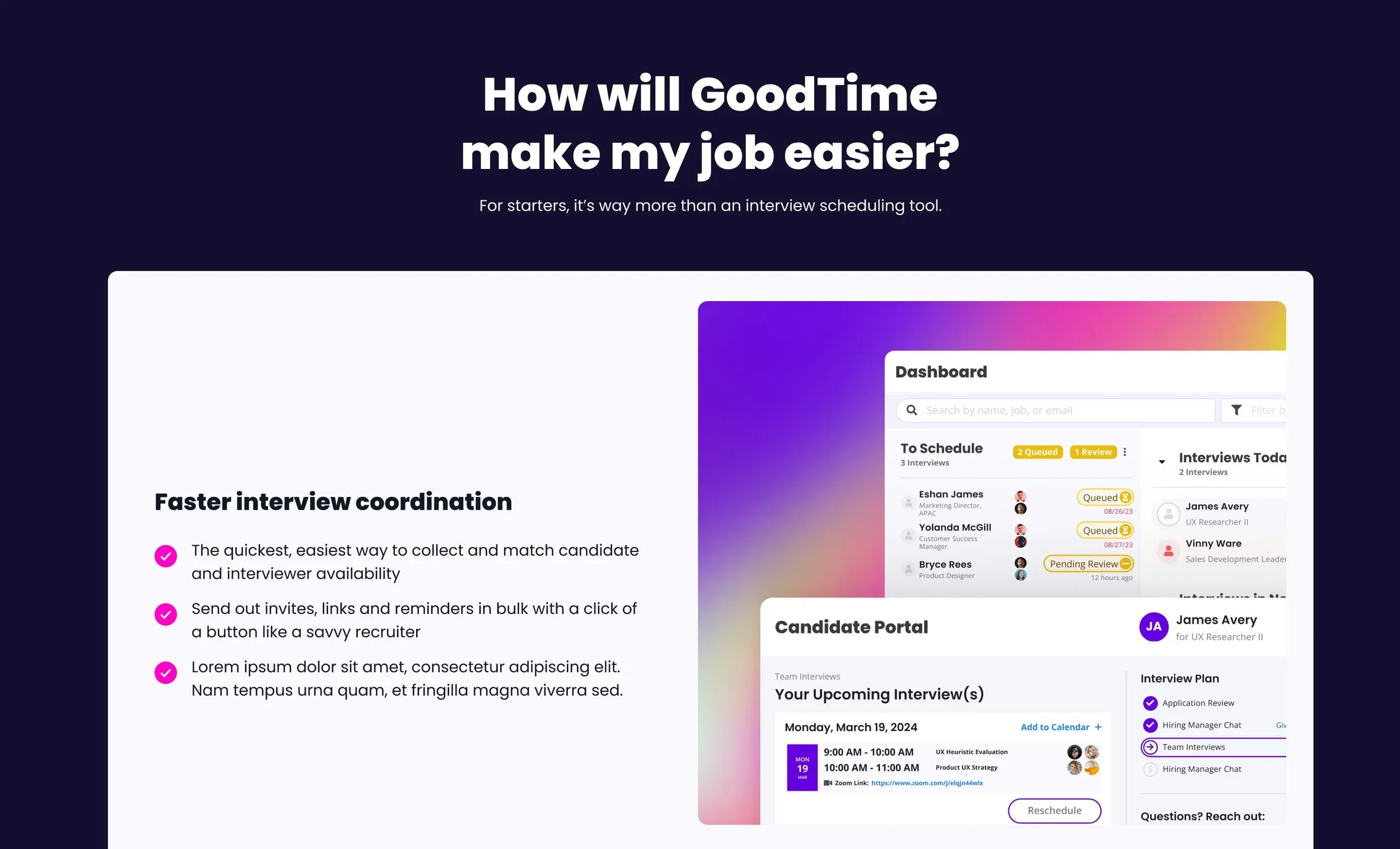 Test layout: “How will GoodTime make my job easier?” with product screens on a gradient