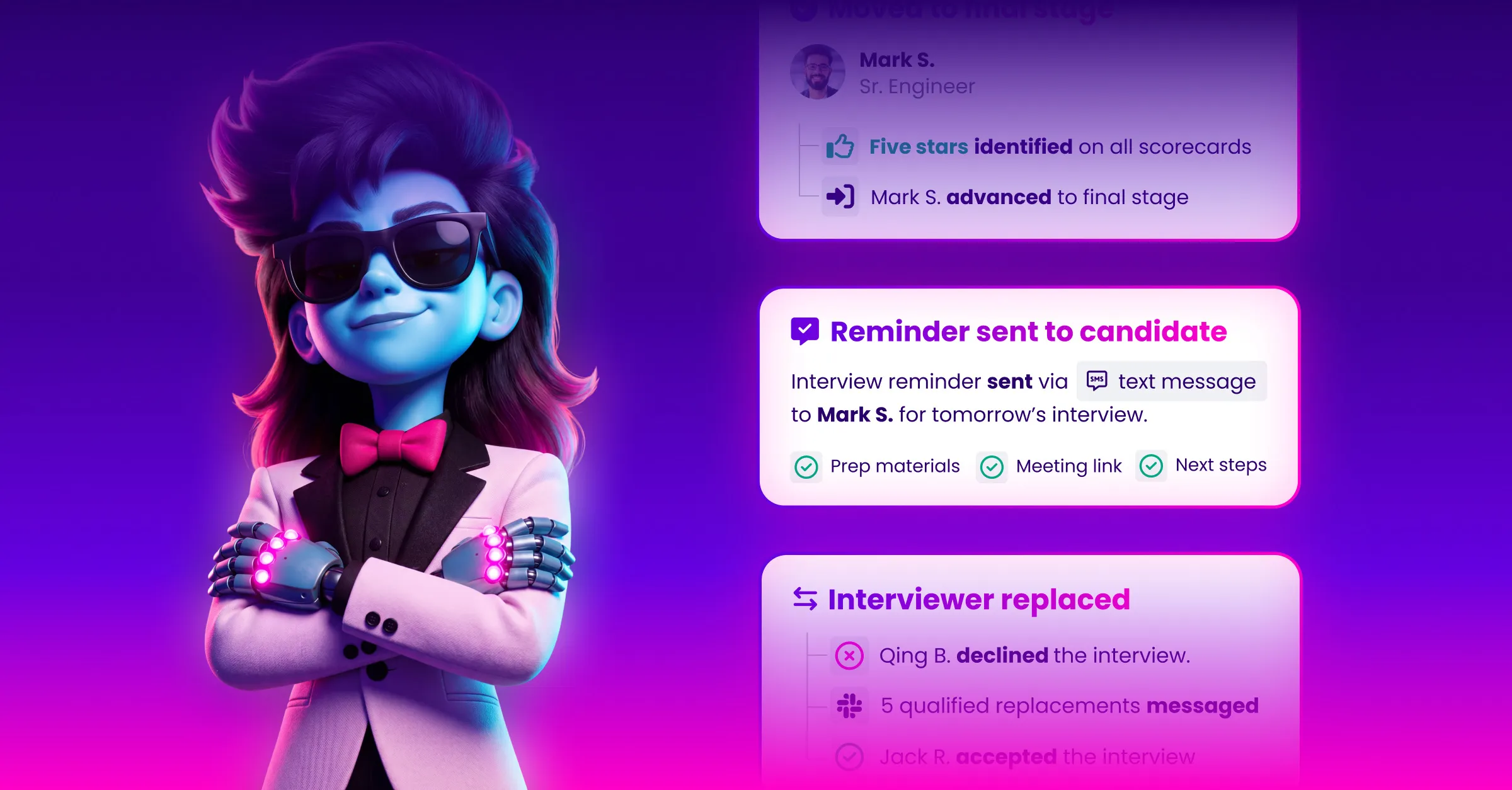 Launch email: the tasks Cori completes, from reminders to interviewer replacements