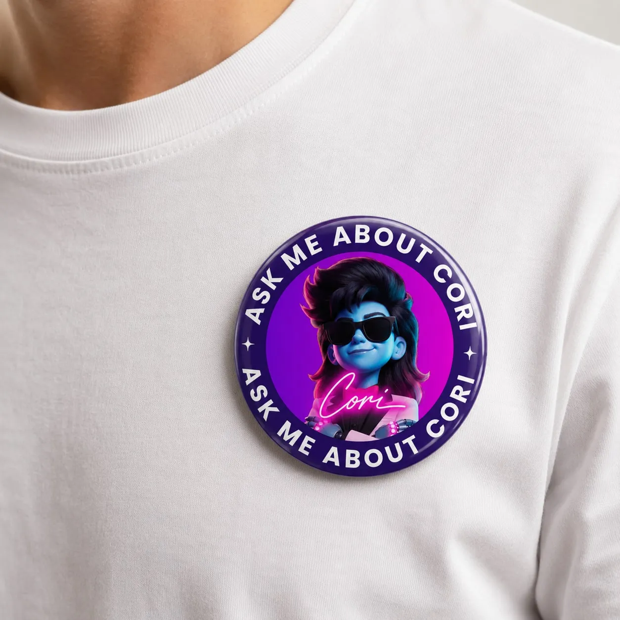 “Ask me about Cori” pin for GoodTime employees