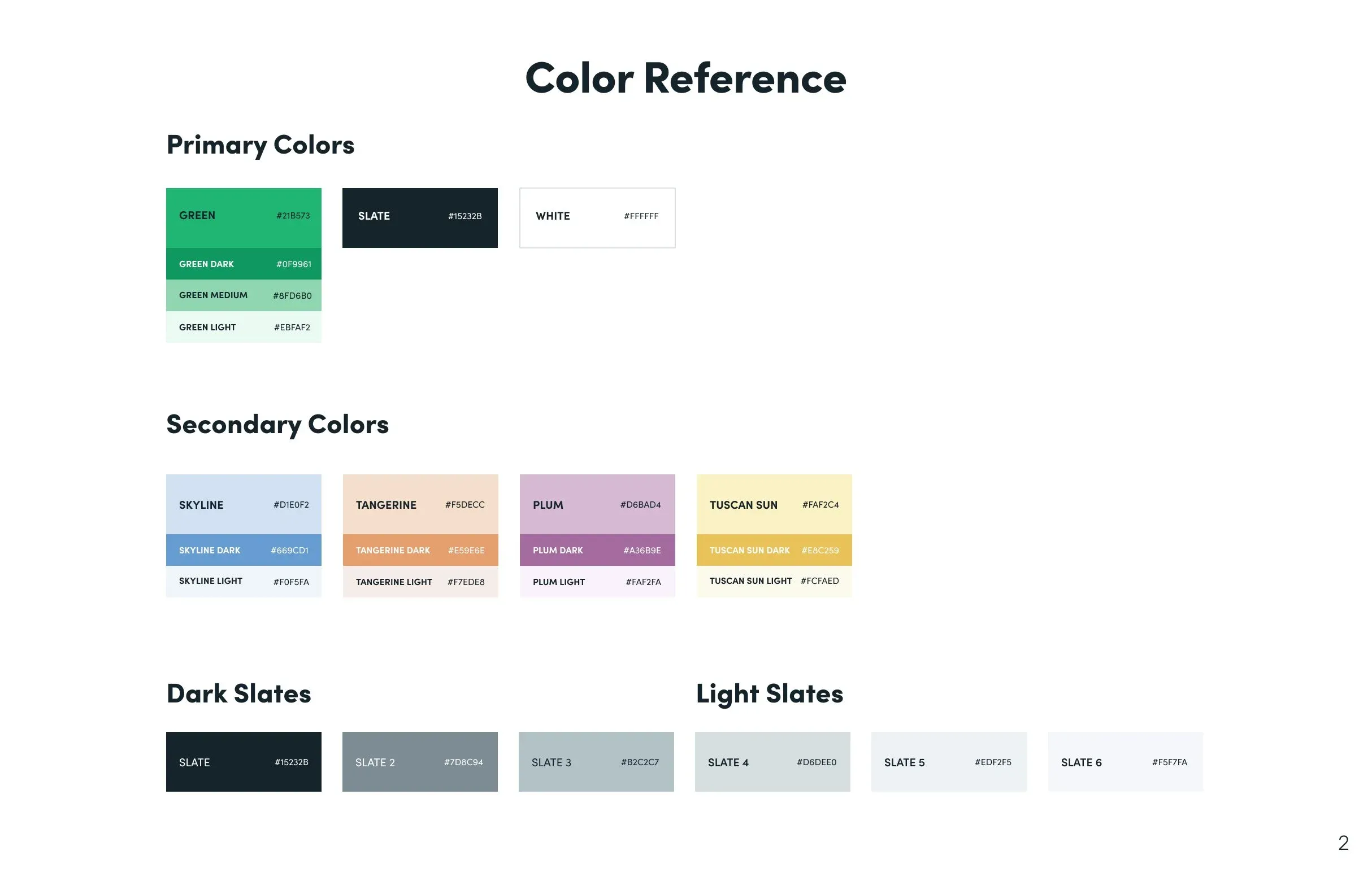 Guidelines page: primary, secondary, and slate color reference