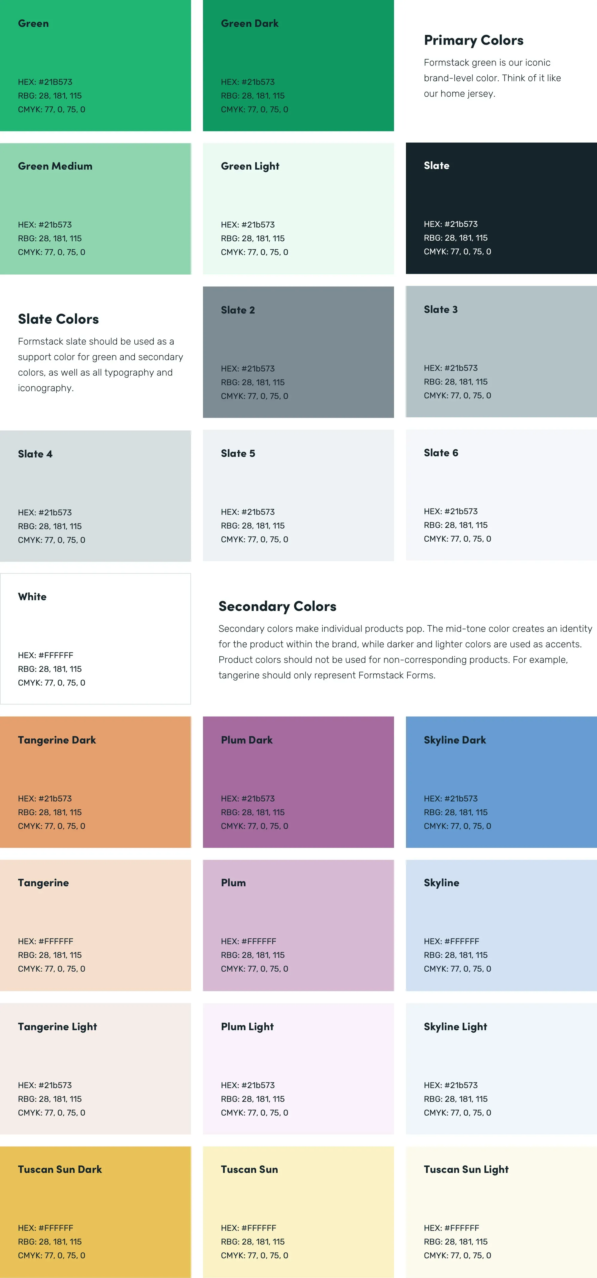 Formstack brand color palette: primary greens, slates, and secondary colors with values