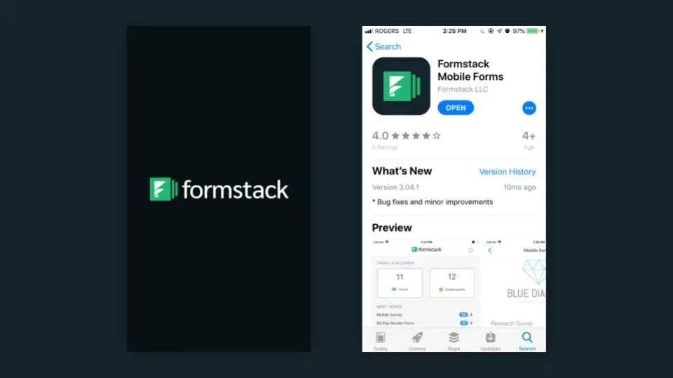 New Formstack logo on a mobile splash screen and an App Store listing