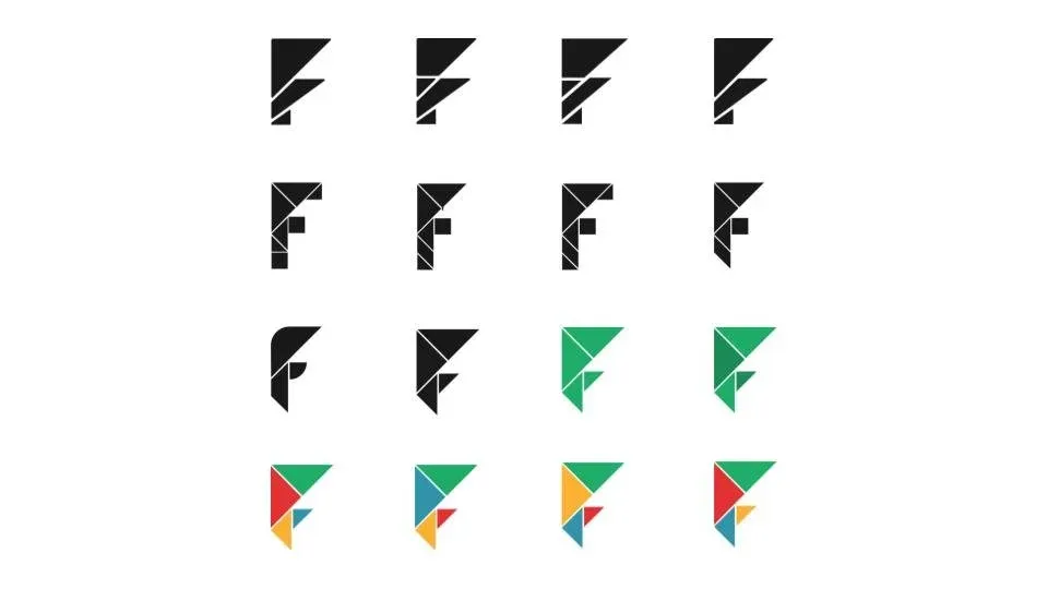 Sixteen F mark explorations built from tangram shapes, in black and color