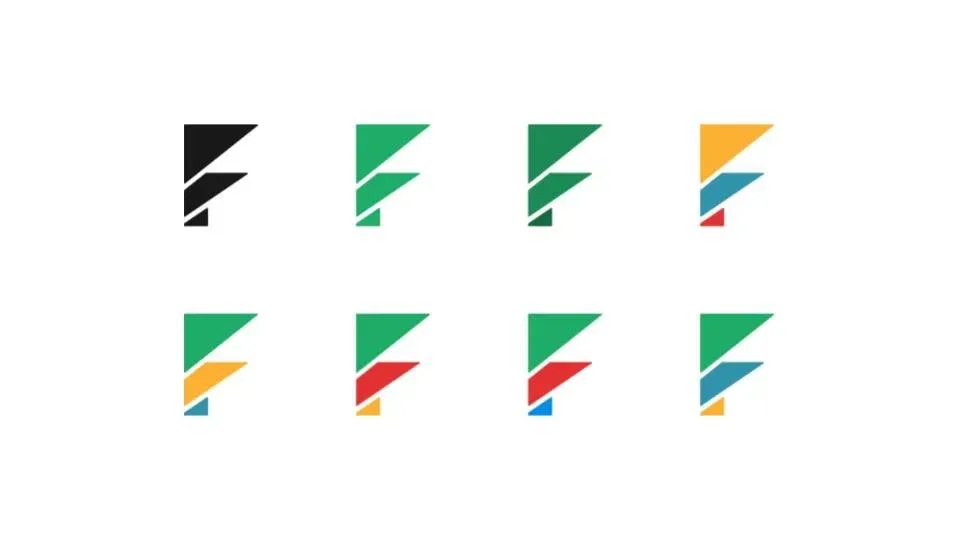 Eight tangram F explorations in black, green, and multicolor