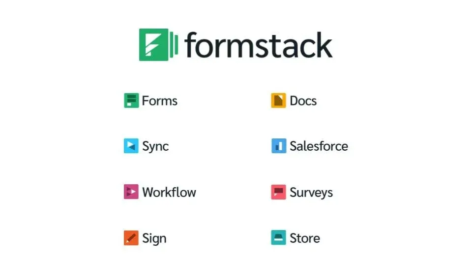 Formstack logo with a family of product icons: Forms, Docs, Sync, Salesforce, Workflow, Surveys, Sign, and Store