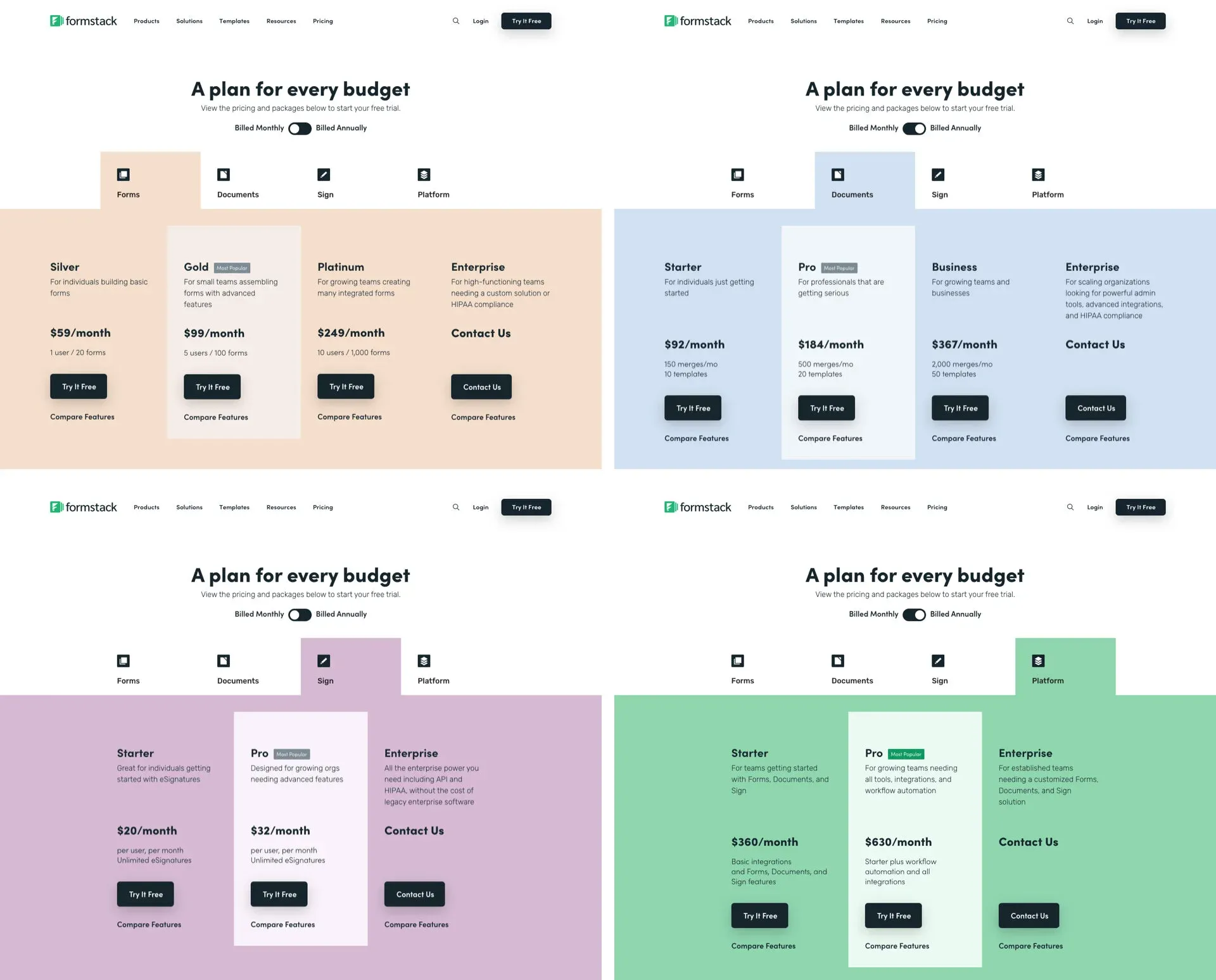 Control: the existing tabbed pricing page, one tab per product