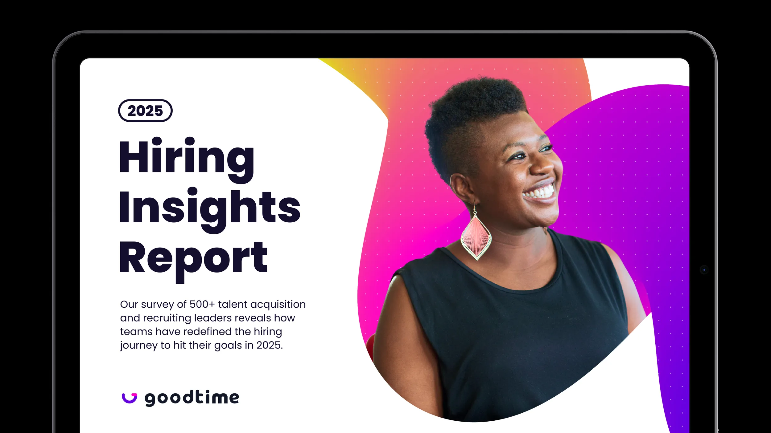 The 2025 Hiring Insights Report cover on a tablet: a smiling woman framed by magenta and purple splines