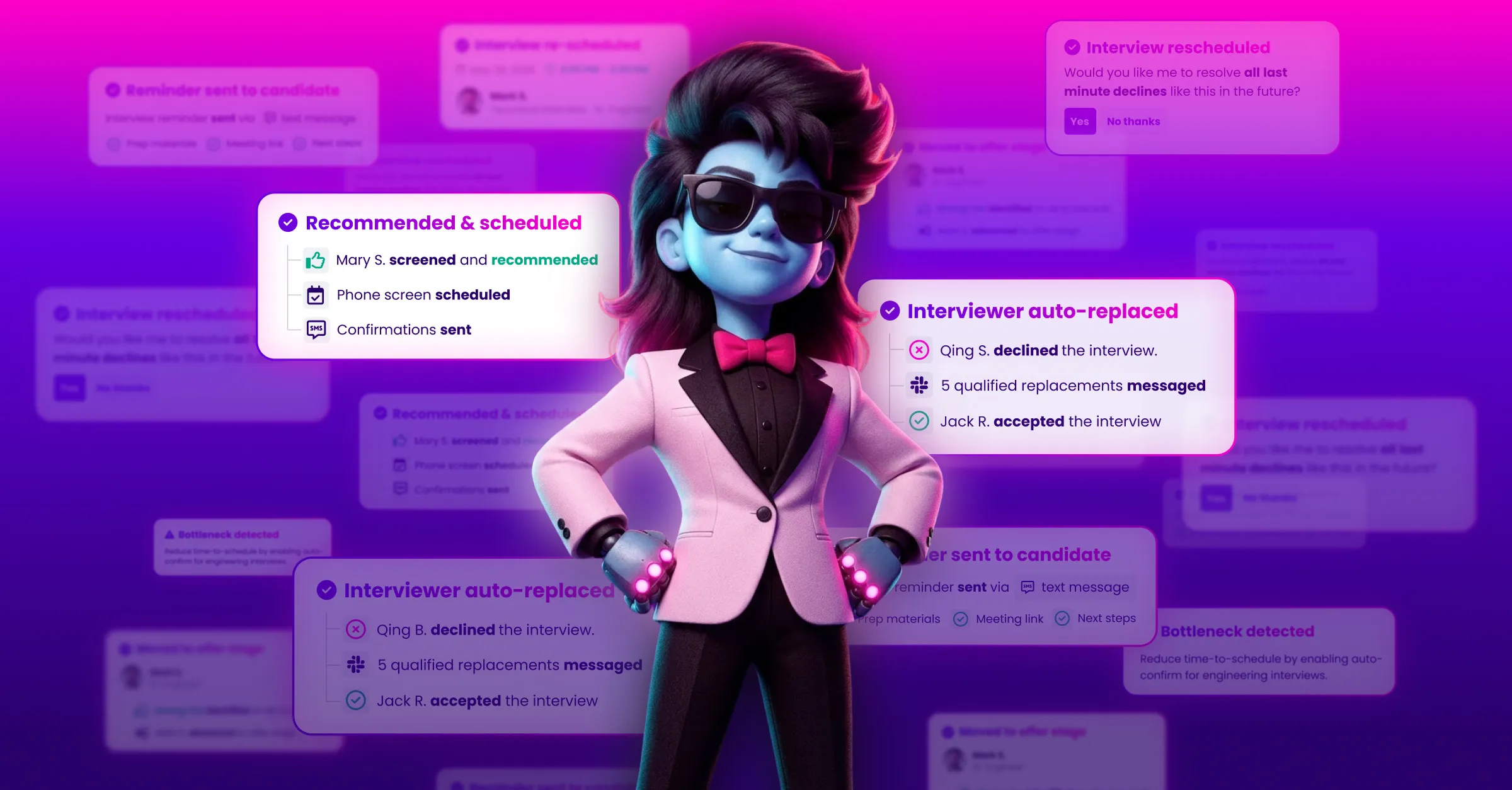Cori, GoodTime's AI agent, surrounded by the tasks she completes: interviews scheduled, interviewers replaced, reminders sent