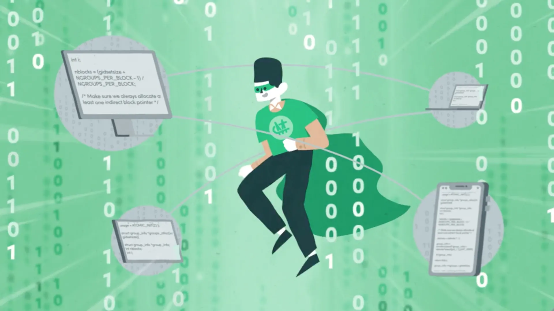 A Workplace Woes hero in a green cape flying through streams of data