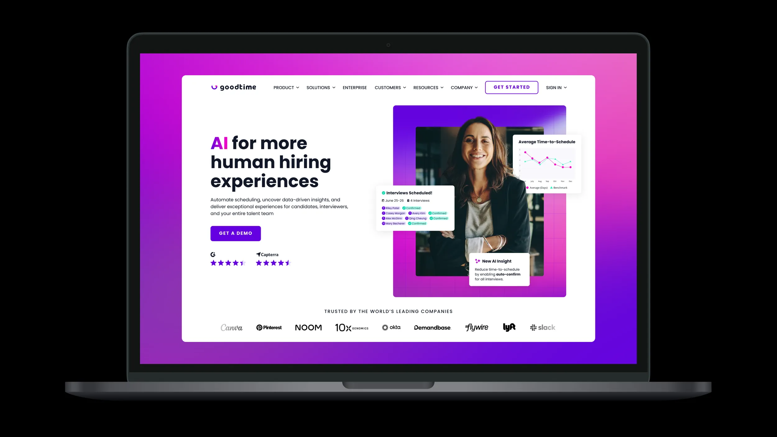 GoodTime's enterprise homepage on a laptop: "AI for more human hiring experiences" on a magenta gradient