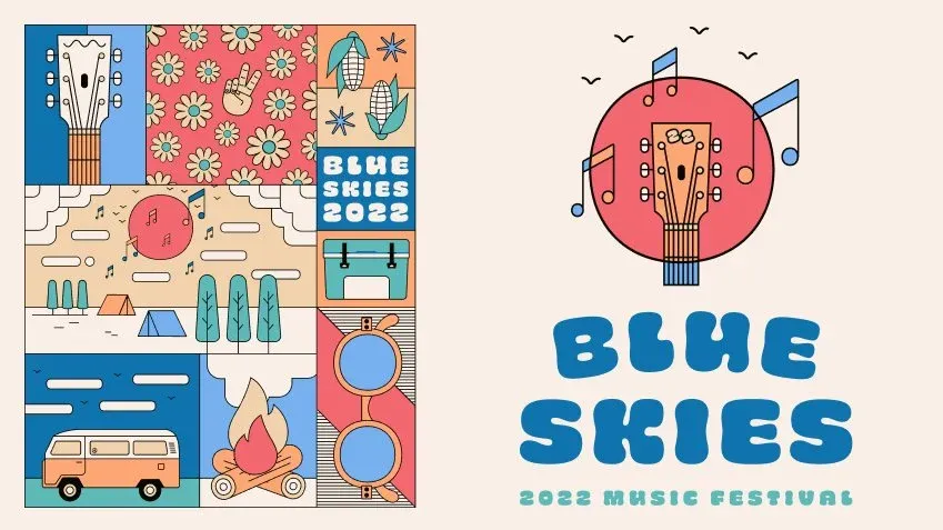 Blue Skies 2022 illustrated festival poster beside the guitar-and-sun logo