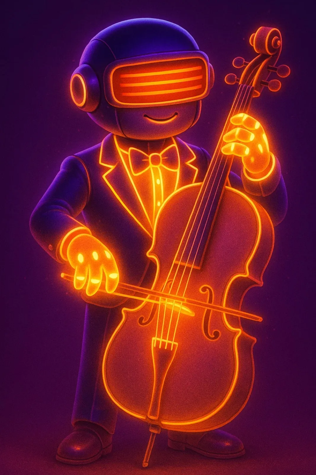 Early exploration: a cellist with a glowing visor