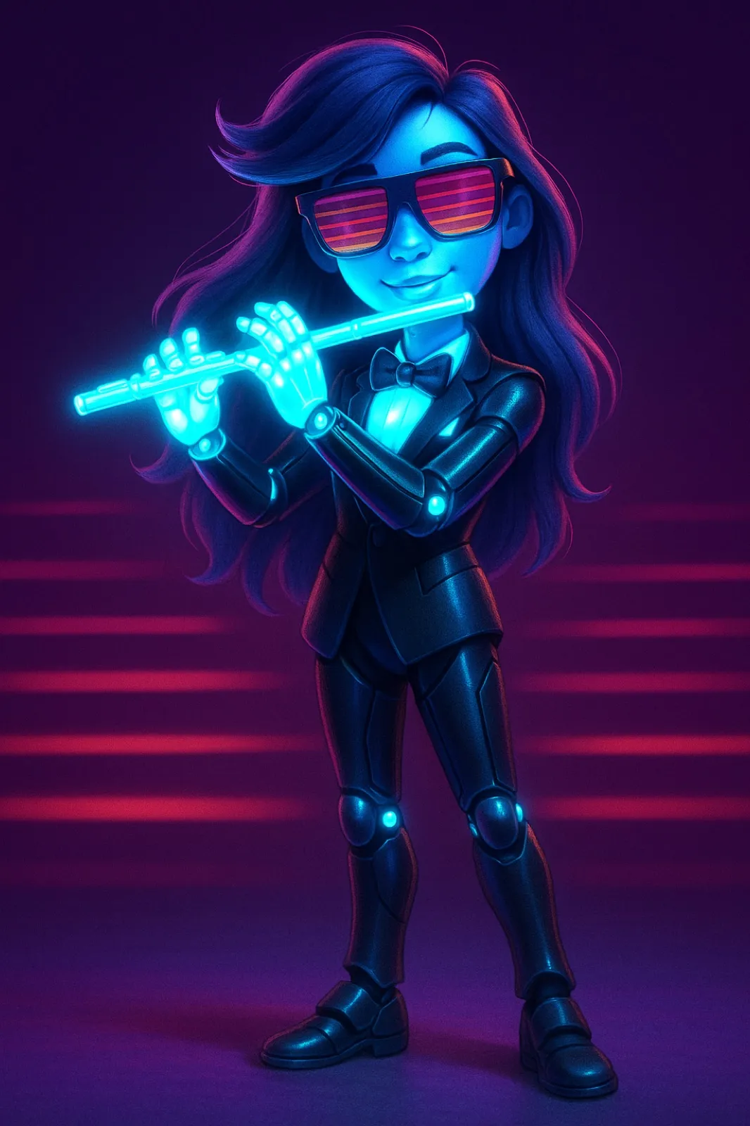 Early exploration: a flutist in neon blue