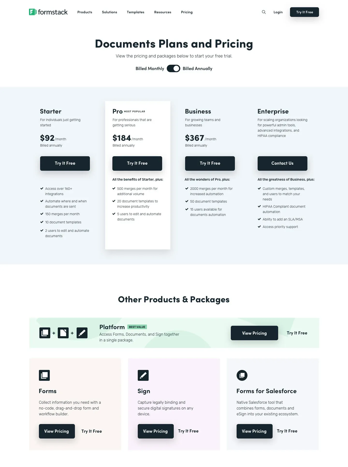 Variation: Documents plans and pricing page