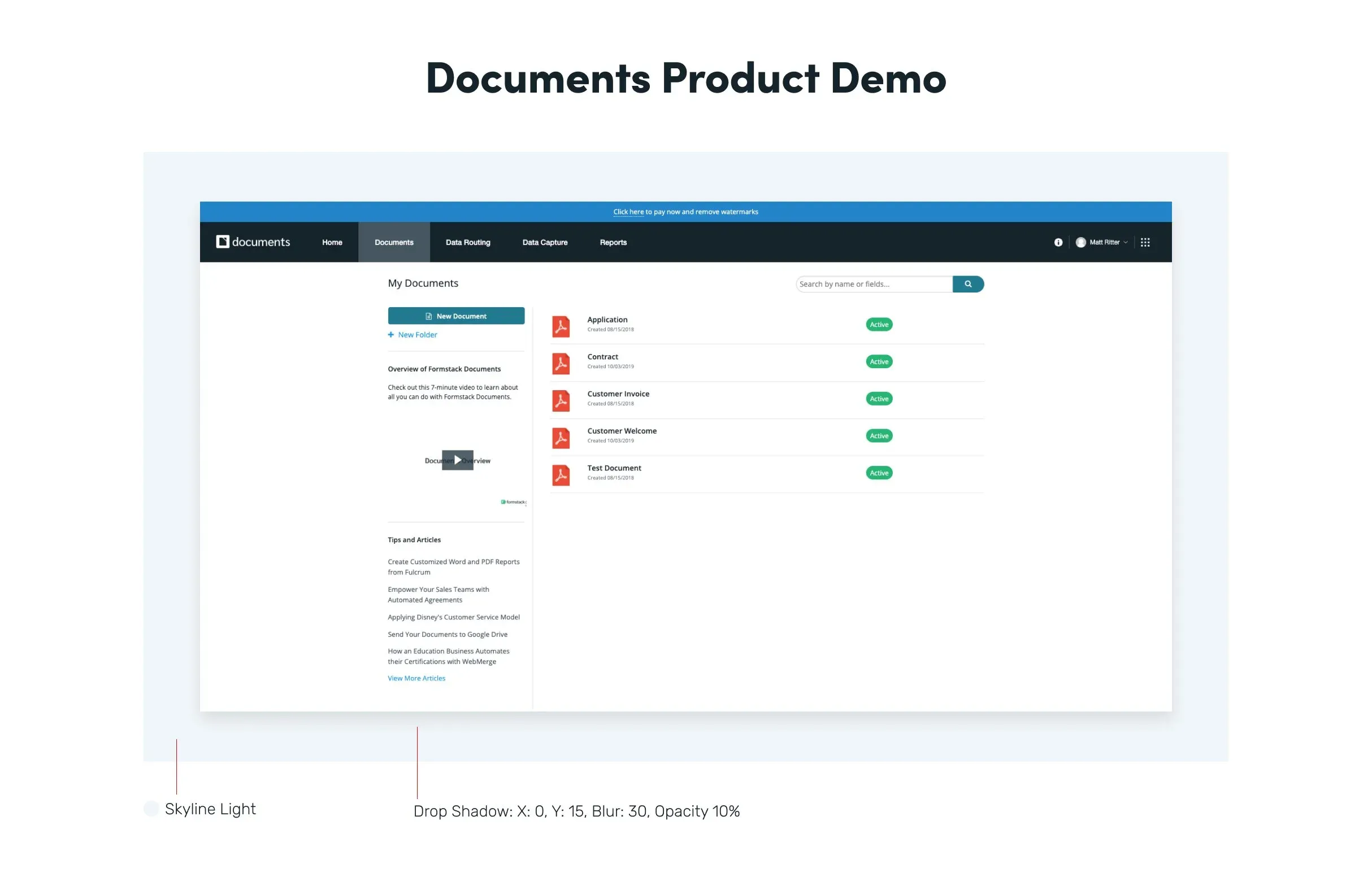Guidelines page: Documents product demo frame