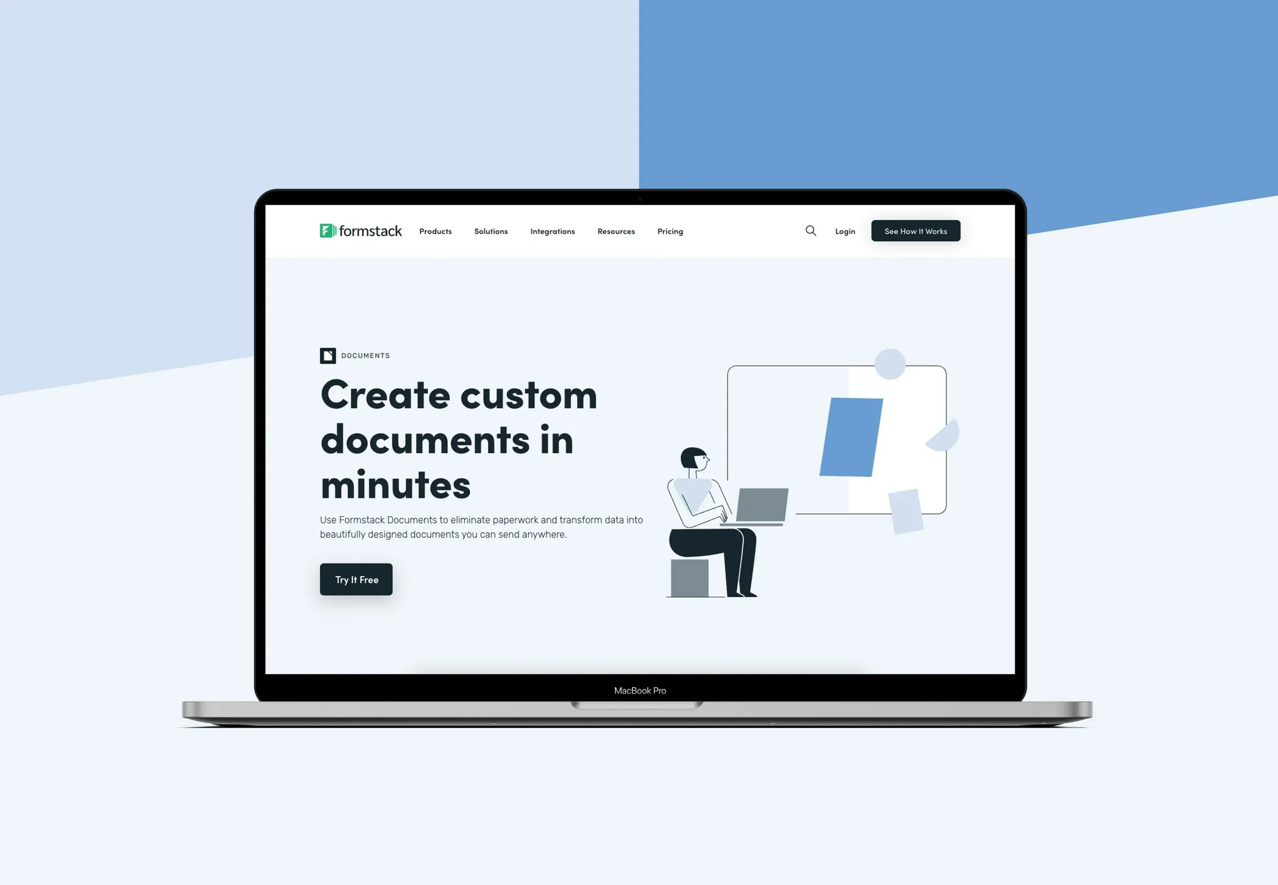 Formstack Documents product page on a laptop: “Create custom documents in minutes”