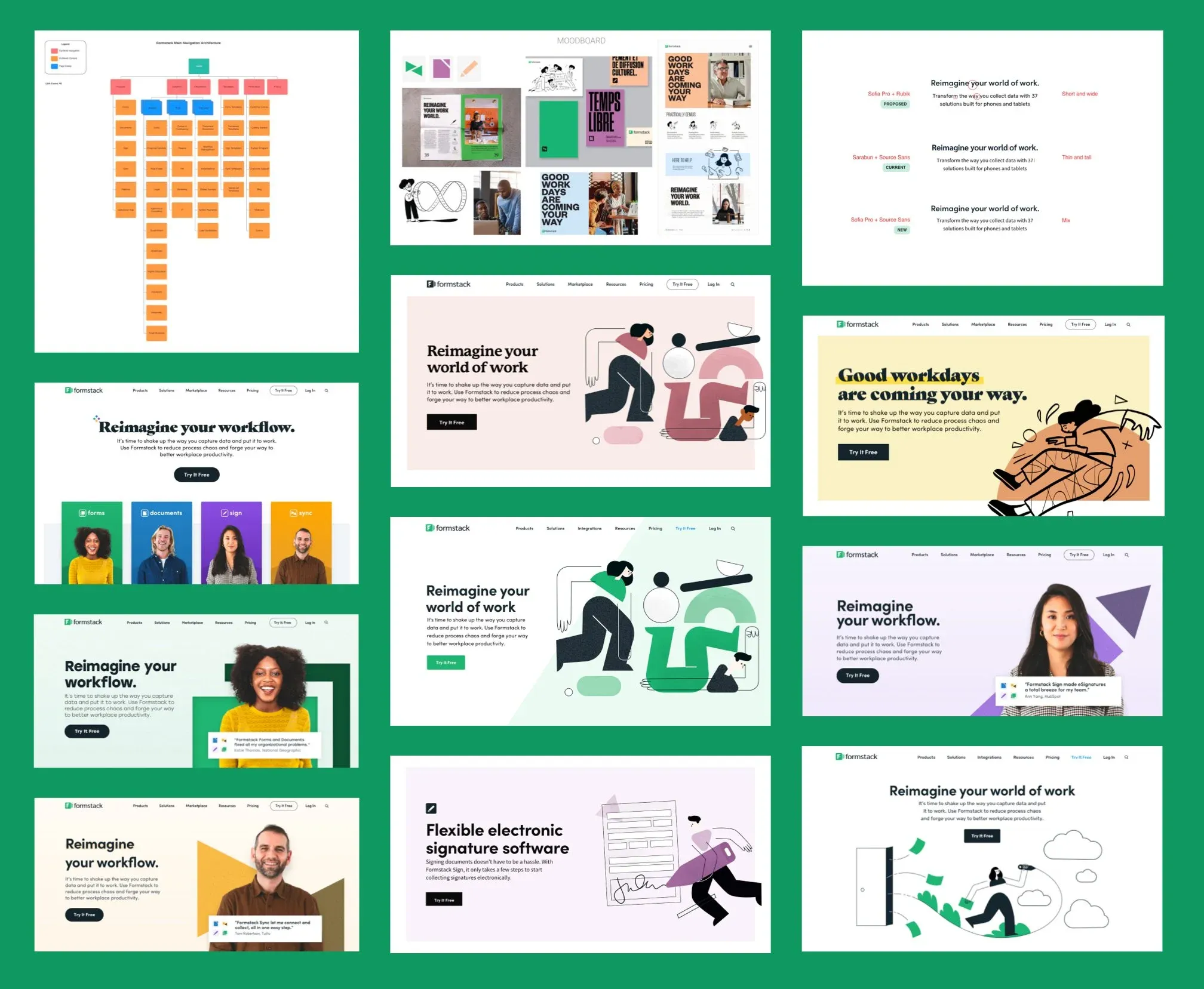 Formstack refresh mood board: palette swatches, illustration studies, and homepage hero explorations