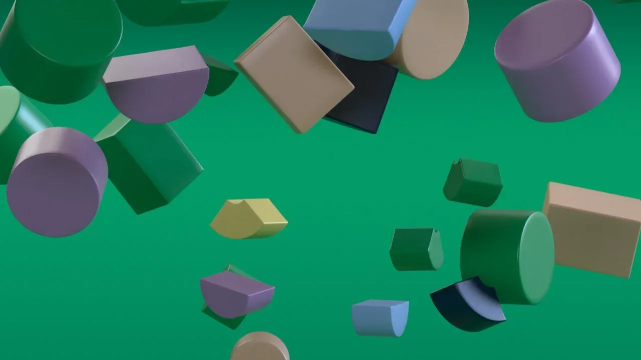 3D render: Formstack shapes tumbling across a green backdrop