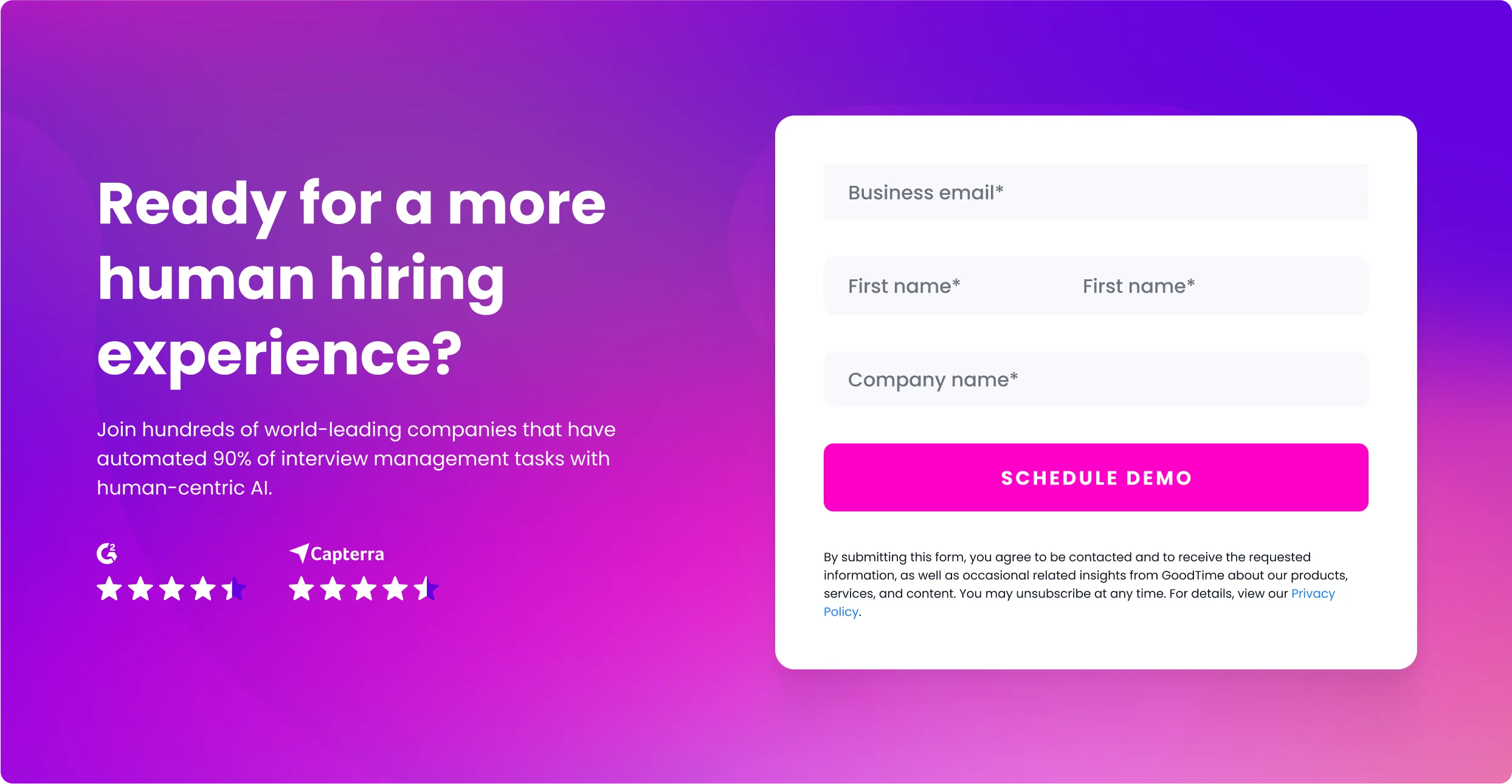 Demo request form: “Ready for a more human hiring experience?”