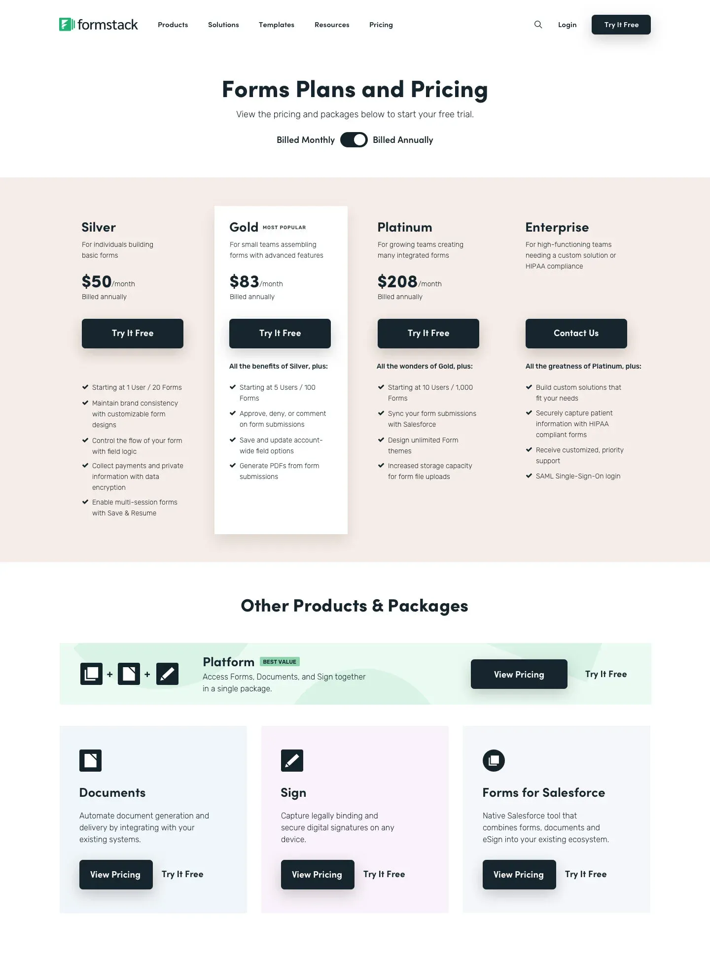 Variation: Forms plans and pricing page