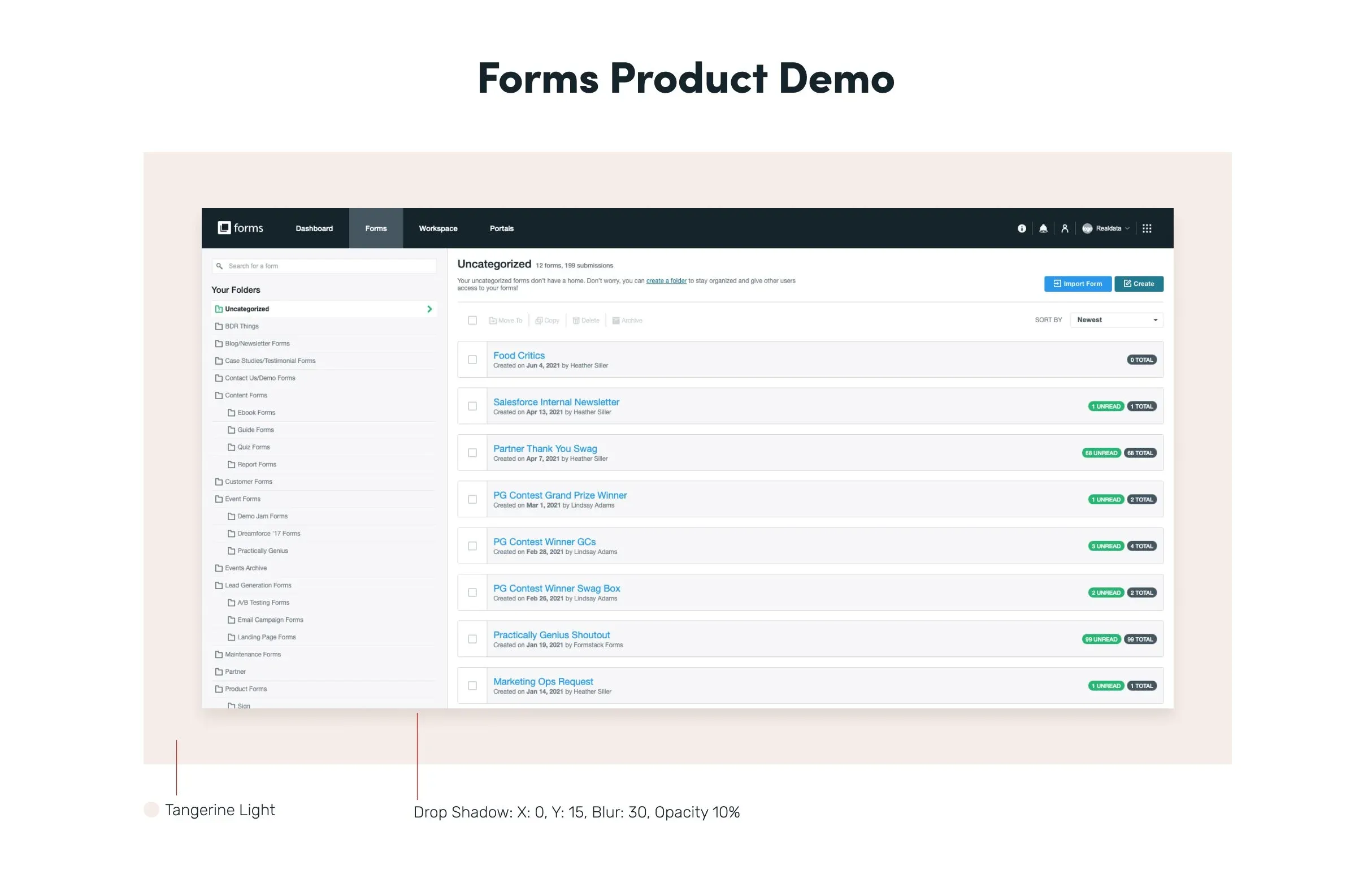 Guidelines page: Forms product demo frame
