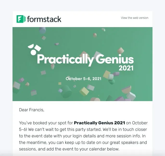 Registration confirmation email for Practically Genius 2021
