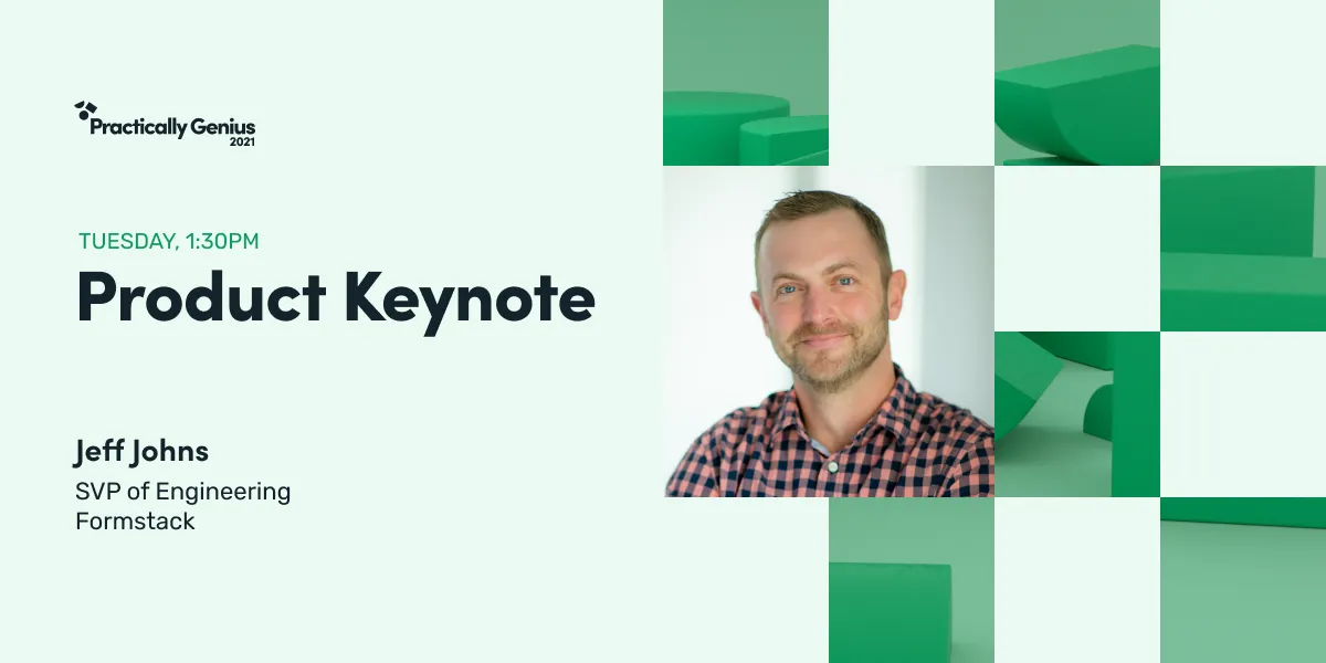 Product Keynote session graphic with a speaker photo and a green checkerboard