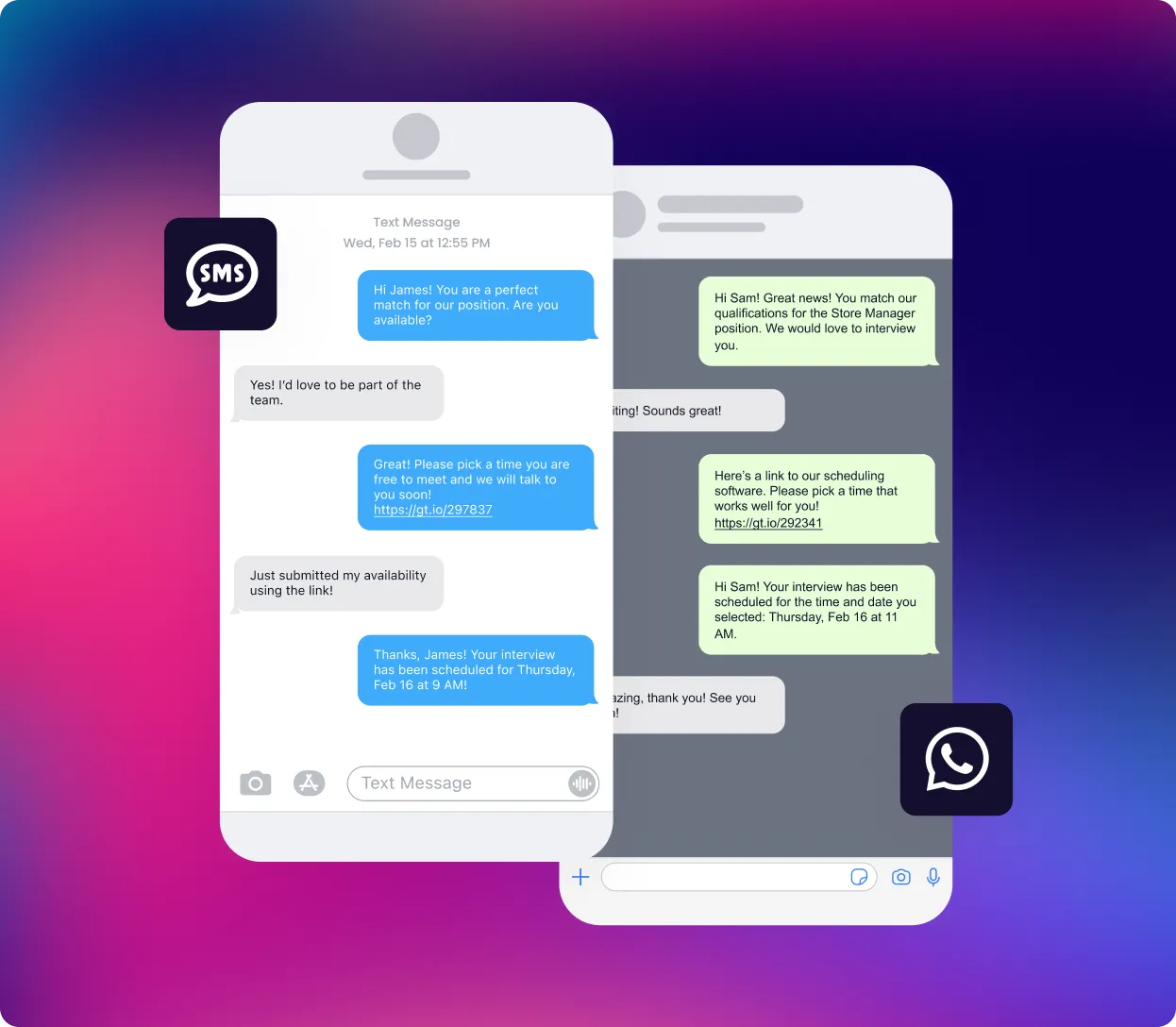 SMS and WhatsApp candidate messaging screens on a gradient