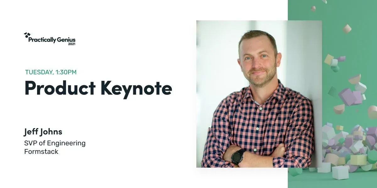 Product Keynote session graphic on white with green shapes