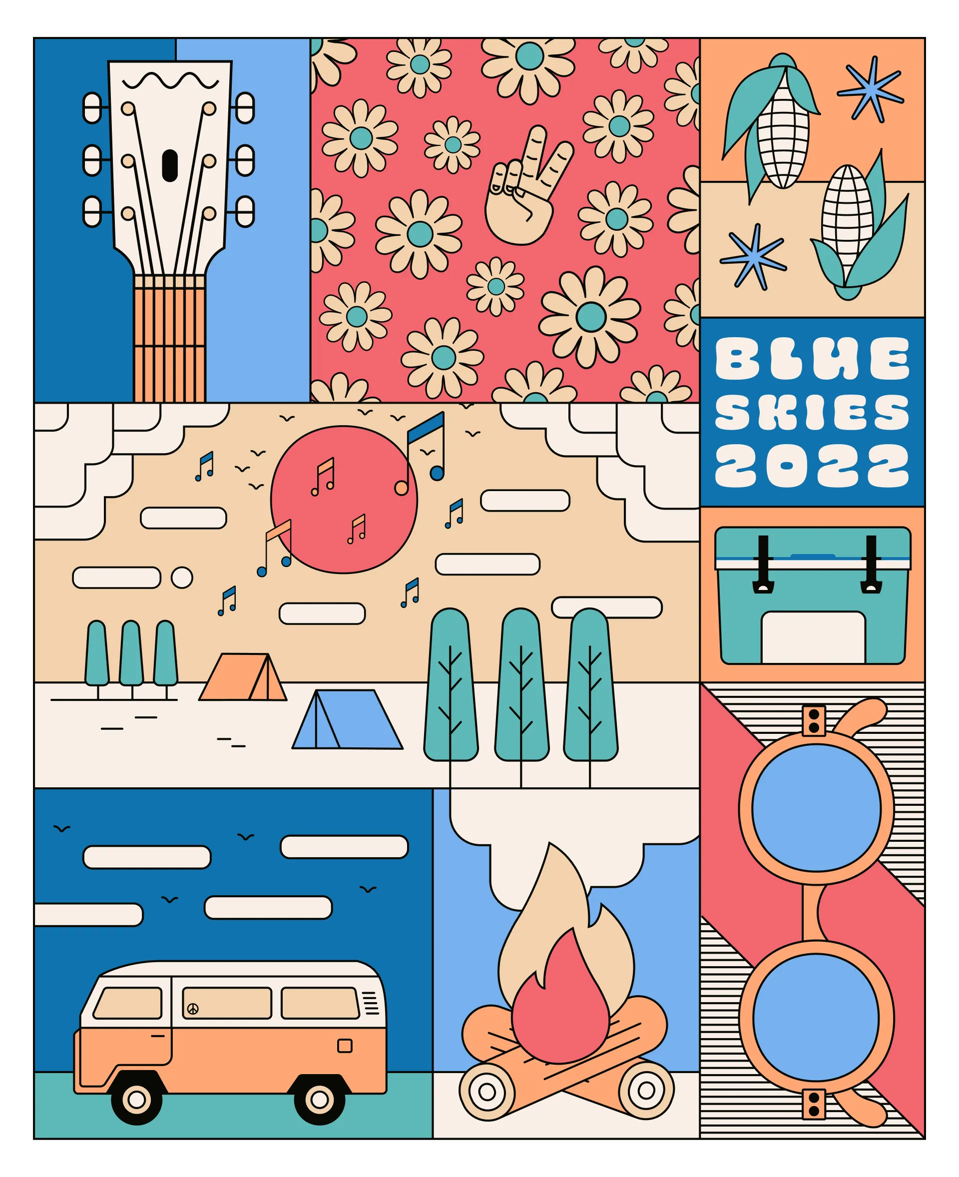 Blue Skies 2022 illustrated grid: guitar, flowers, corn, a camp scene, a camper van, a campfire, and sunglasses