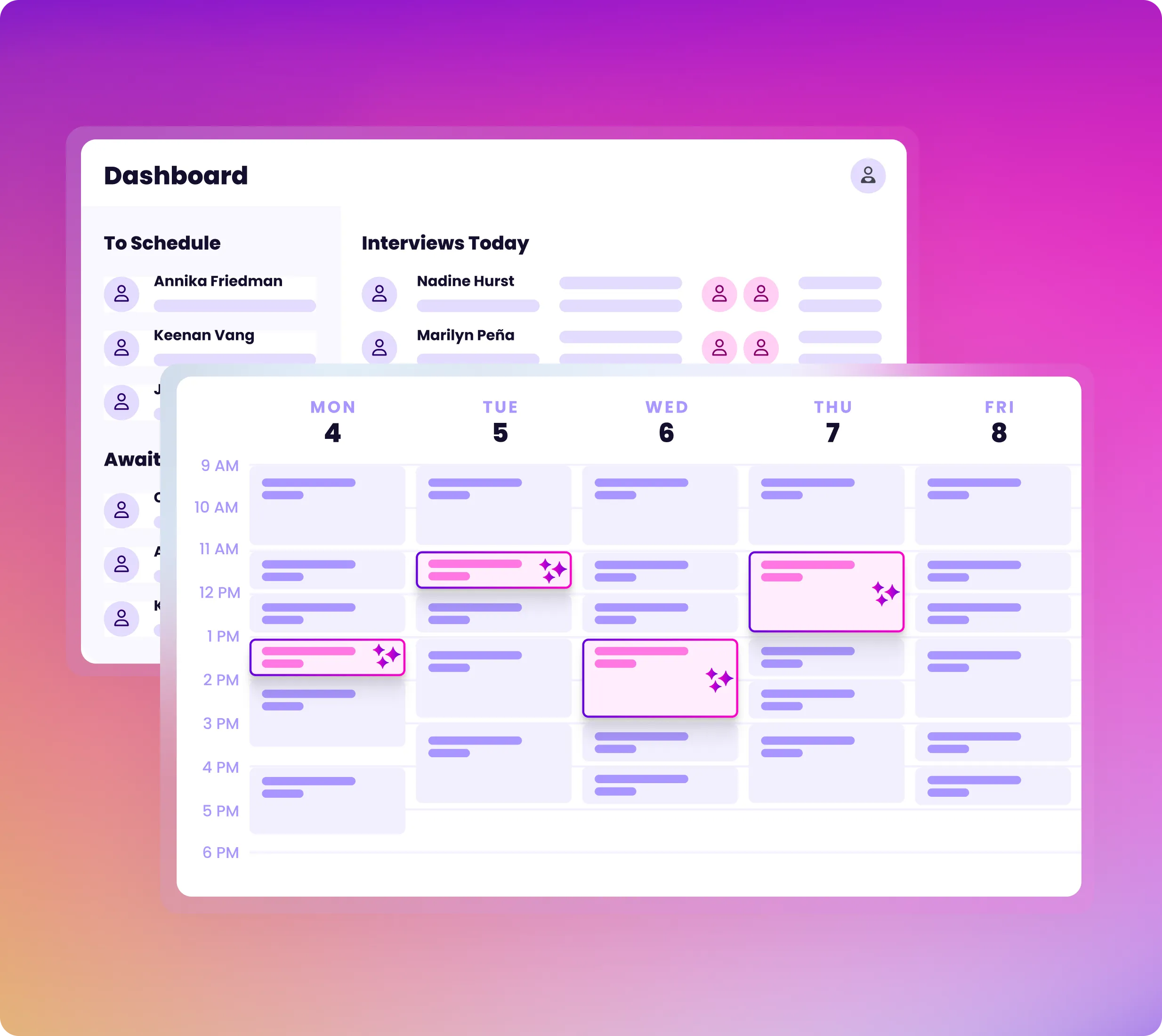 Interview scheduling dashboard and weekly calendar on a pink gradient