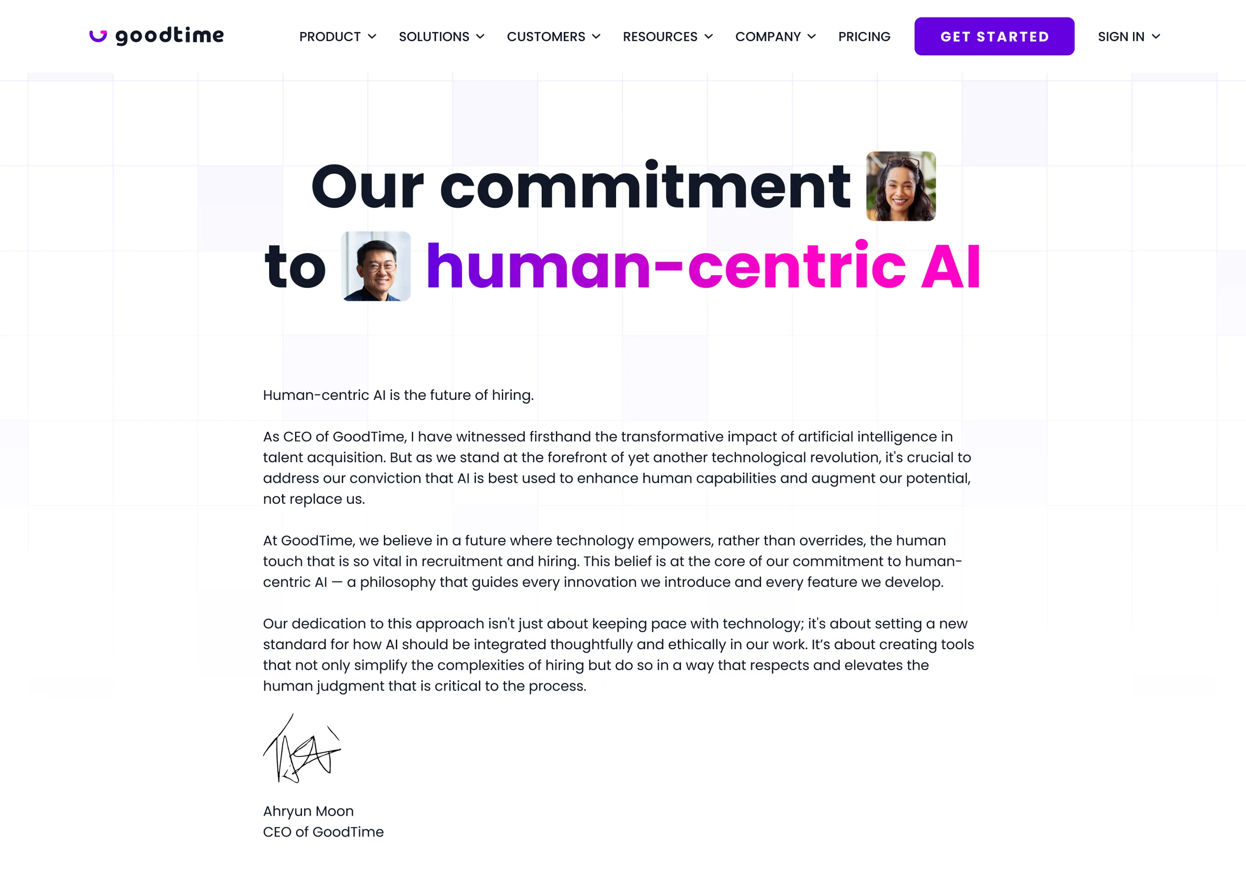 “Our commitment to human-centric AI” page with a letter from GoodTime’s CEO