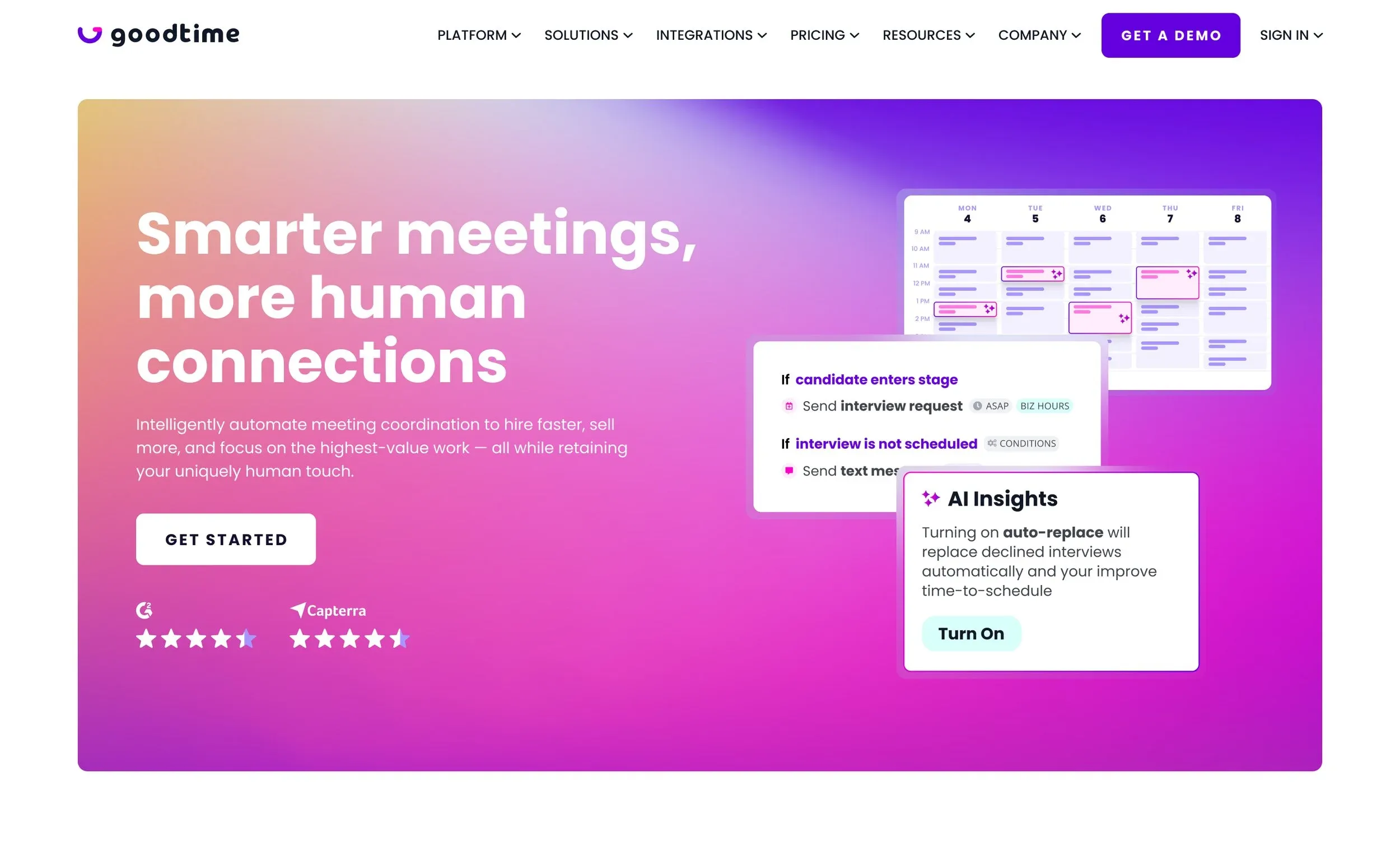 Homepage hero test: “Smarter meetings, more human connections” on a magenta gradient with AI insight cards
