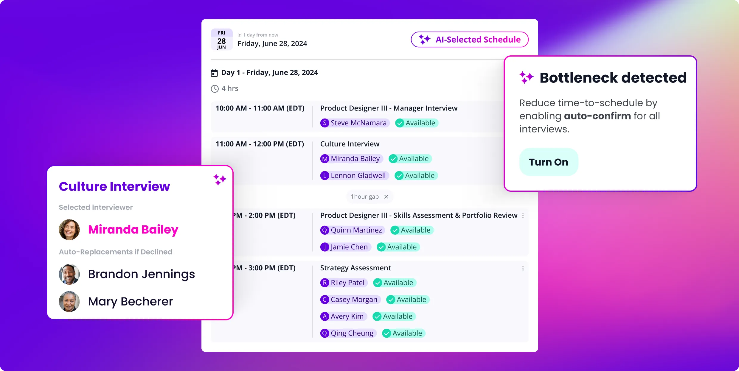 Product UI showing an AI-selected schedule and a bottleneck alert