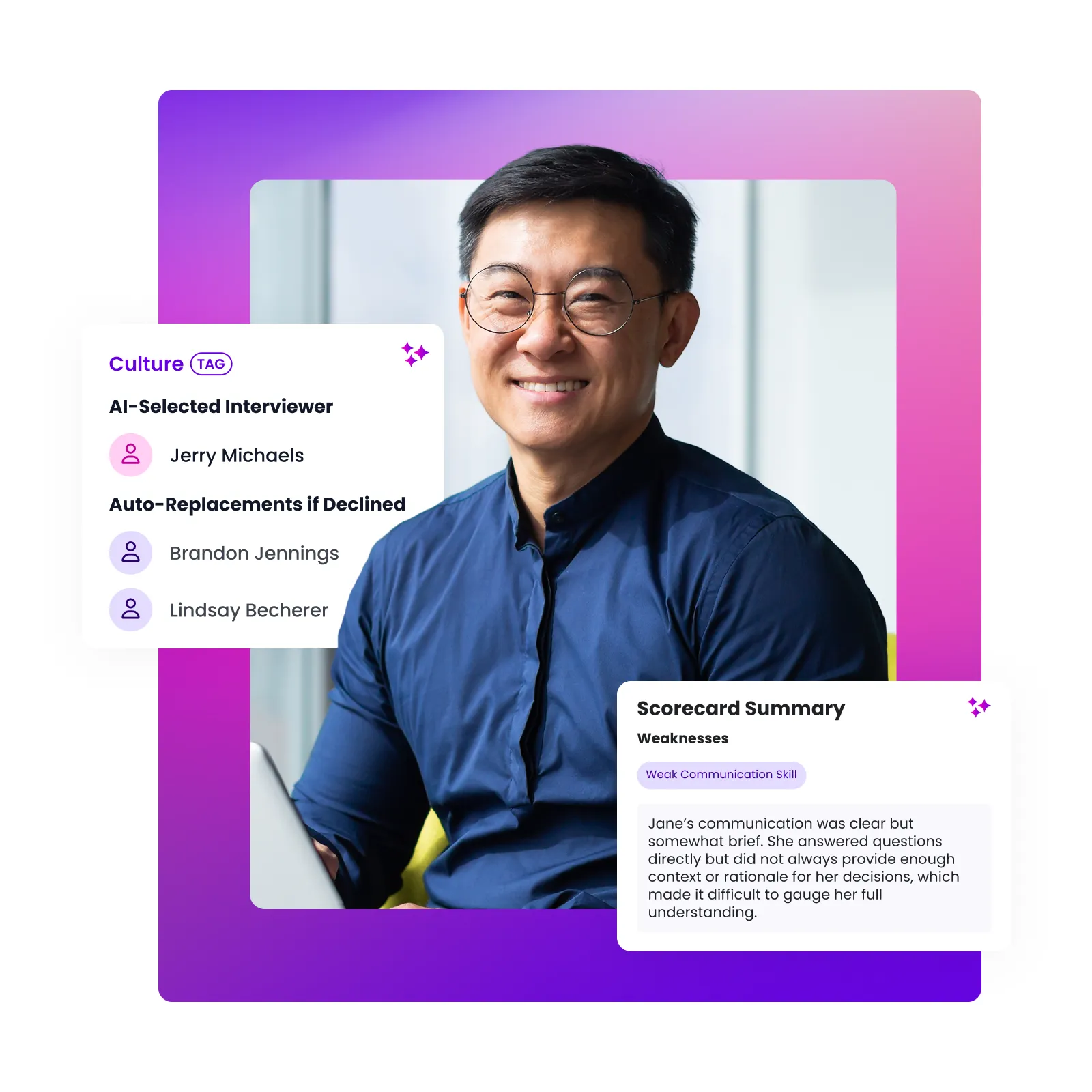 Portrait of a smiling man with interviewer selection and scorecard cards