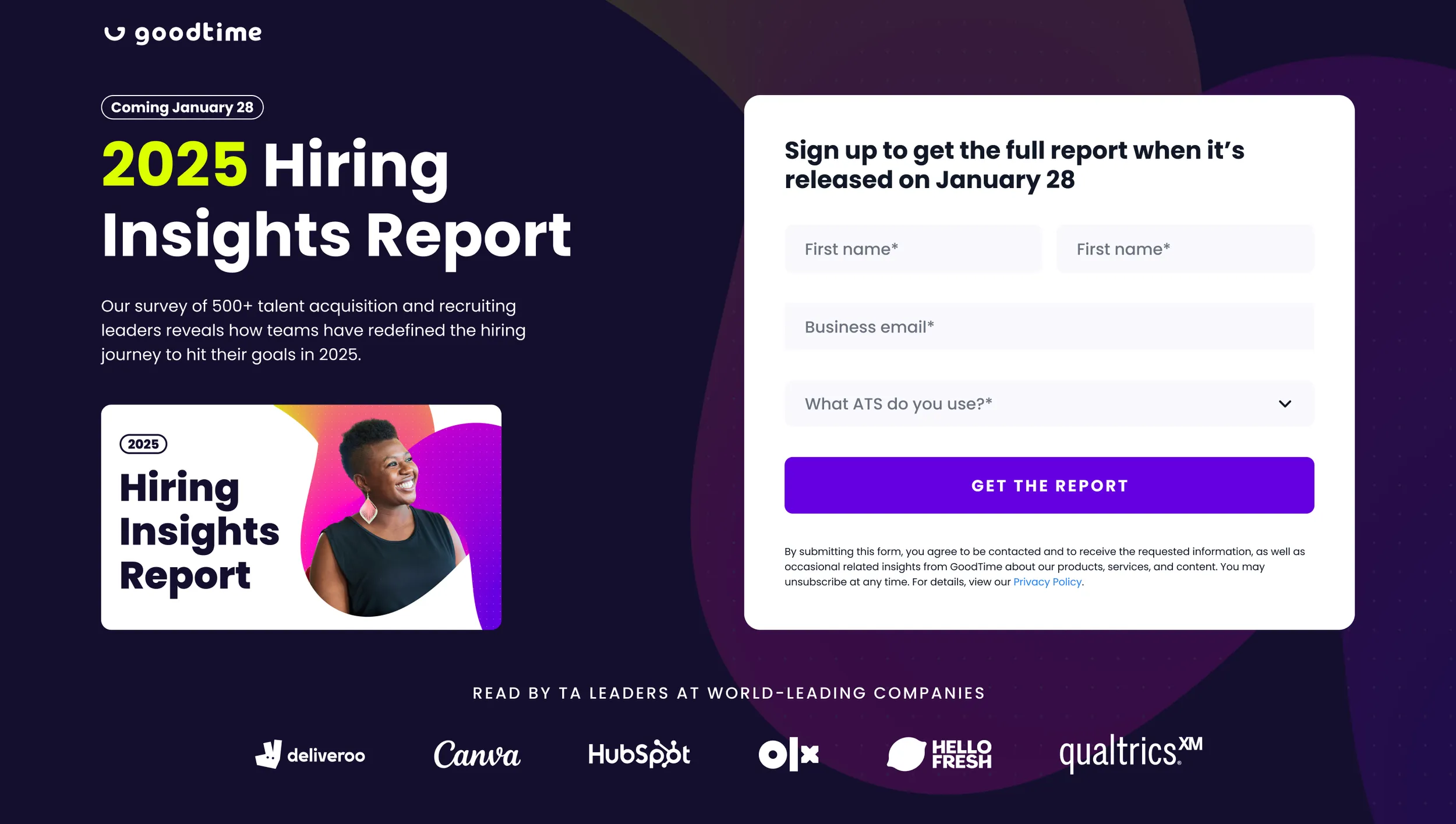 Pre-launch sign-up page for the report with a lead form and customer logos