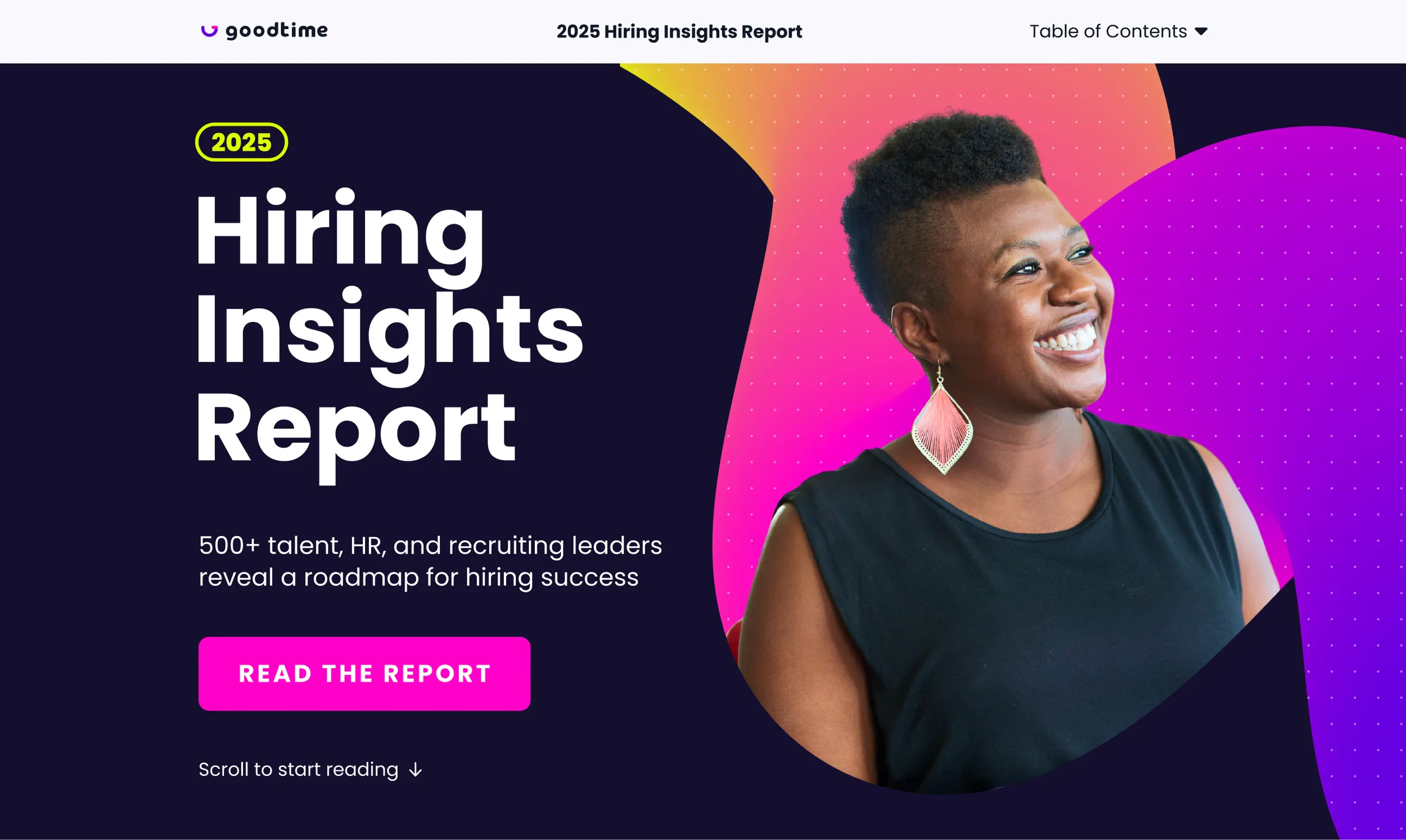 Hero direction on dark navy: report title beside a smiling woman framed by gradient splines