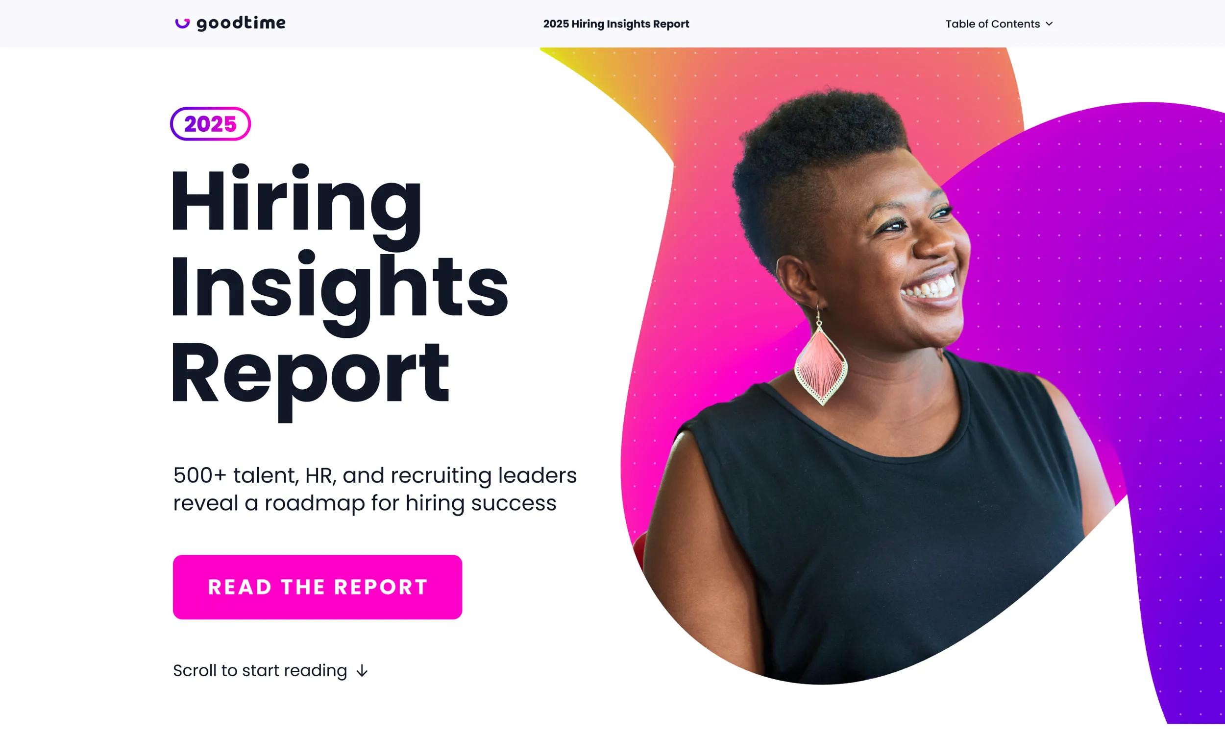Hero direction on white: report title beside a smiling woman framed by gradient splines